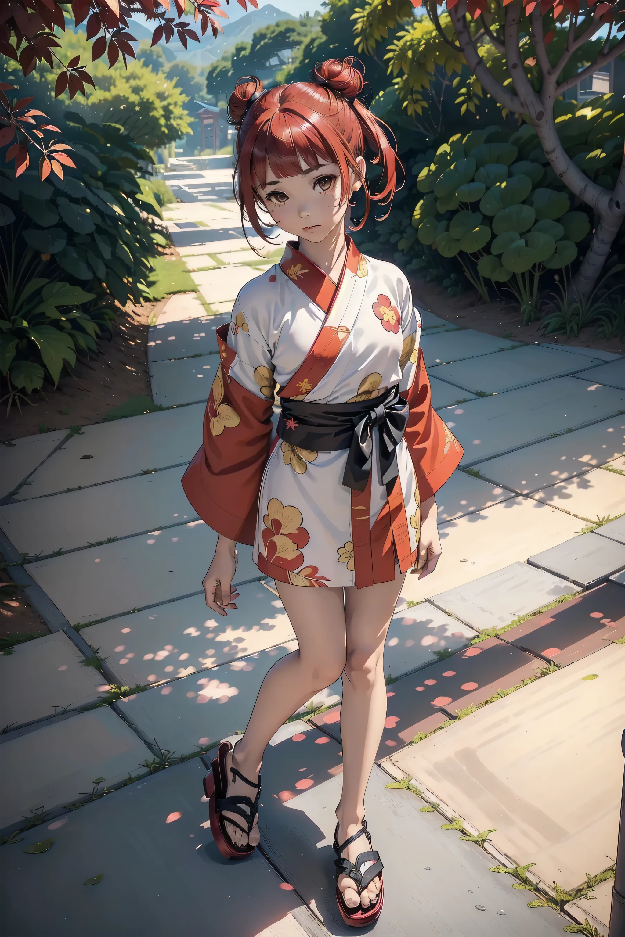 ((top quality, ultra-detailed, high resolution, extremely detailed CG, unity 8k wallpaper, by famous artist, perfect anatomy, super detailed skin, cinematic lighting, UHD, retina, anatomically correct, 1080P)), (Please draw a single one girl walking in the Japanese suburbs:1.3), ((1girl)), (Solo, face,13-year-old:2.0), a junior high school student, ((cute petit girl, chibi, babyface)) androgynous charm, Medium hair, ((full red hair)) ((redhead)), straight hair, one large central bun, straight bangs, ((very thin legs)), ((skinny legs, thin body, small build)), Full limbs, complete fingers, ((perfect fingers and hands)), flat chest, small breasts, childish body, small butt, groin, Beautiful detailed full yellow gold eyes, perfect eyes, ((Traditional yukata with a bold red and white design, tied with a black obi and paired with geta sandals)), (Detailed scenary background), full body view, Cute, kawaii single girl (one girl), full body shot, ((little young 13 years old body:1.3)), ((long skirt)), ((sandals)), ((red hair girl:1.3)), ((A natural, correctly proportioned hands)), ((straight bangs cut just to the eyebrows, perfectly aligned and not moving to the side:1.3)), ((korean one central up large bun hairstyle:1.3))