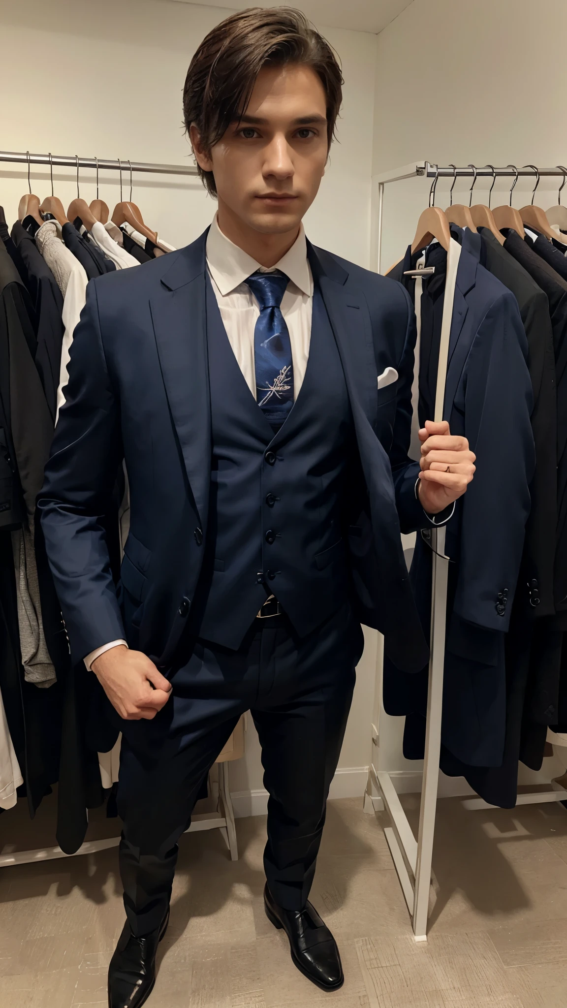 In a wardrobe, a suit is seen on a mannequin.The suit is very elegant.It consists of a dark blue waistcoat with white vertical stripes, a black long-sleeved shirt, black pants and black shoes. The waistcoat has a classic cut and fits the character's body perfectly, which gives it an elegant and refined look.The shirt is plain and simple, which allows the waistcoat to be the center of attention. The pants are straight cut and fit the waist of the mannequin., which gives it a clean and professional look.