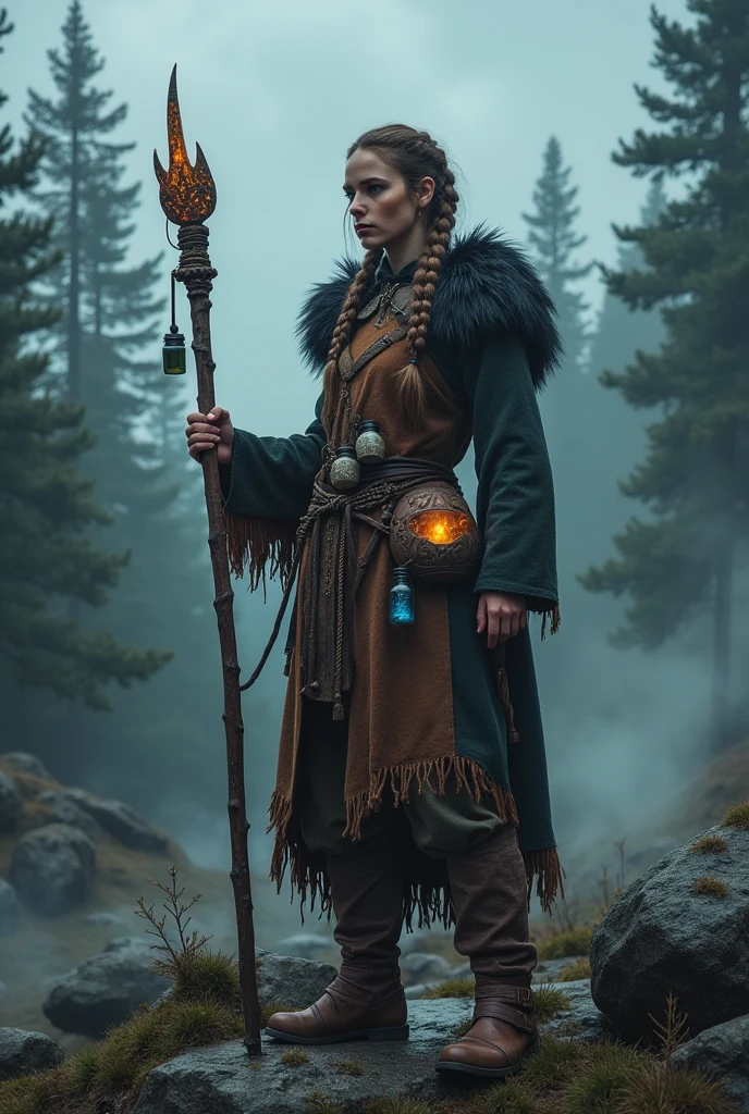 Create an image of a woman with foresight/viking witch. The clothing should be rustic and made up of pants and animal skins.. Add some vials of magical potions to the outfit. optional: add staff and raven feathers