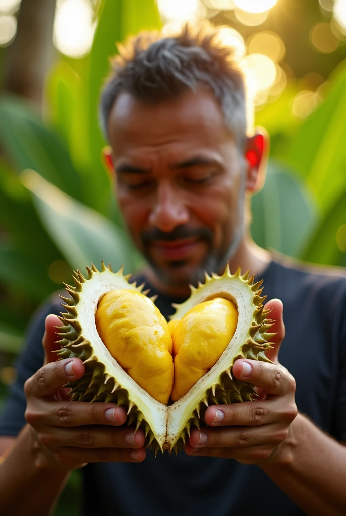 a man opens heart shaped durian