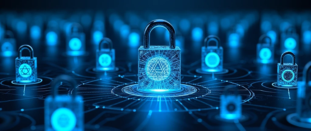 Hundreds of futuristic blue illuminati digital padlocks