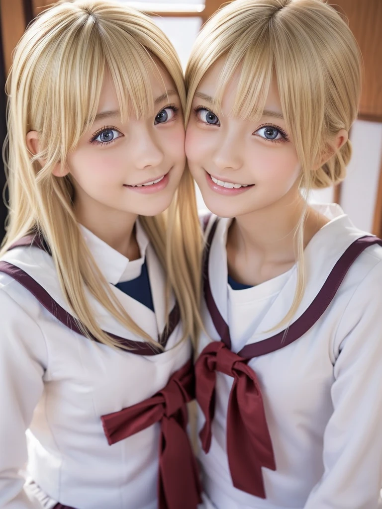 beautiful twin girls in a bright nordic setting, face lighting, realistic, adult, cute, sexy, slim, extremely detailed eyes, half-open eyes, extremely detailed face, (very short fluffy hair:1.0), (blonde hair:1.2), clear eyes, (ecstasy, orgasm, erotic:1.2), close-up of face, smiling, (japanese school uniform:1.5)