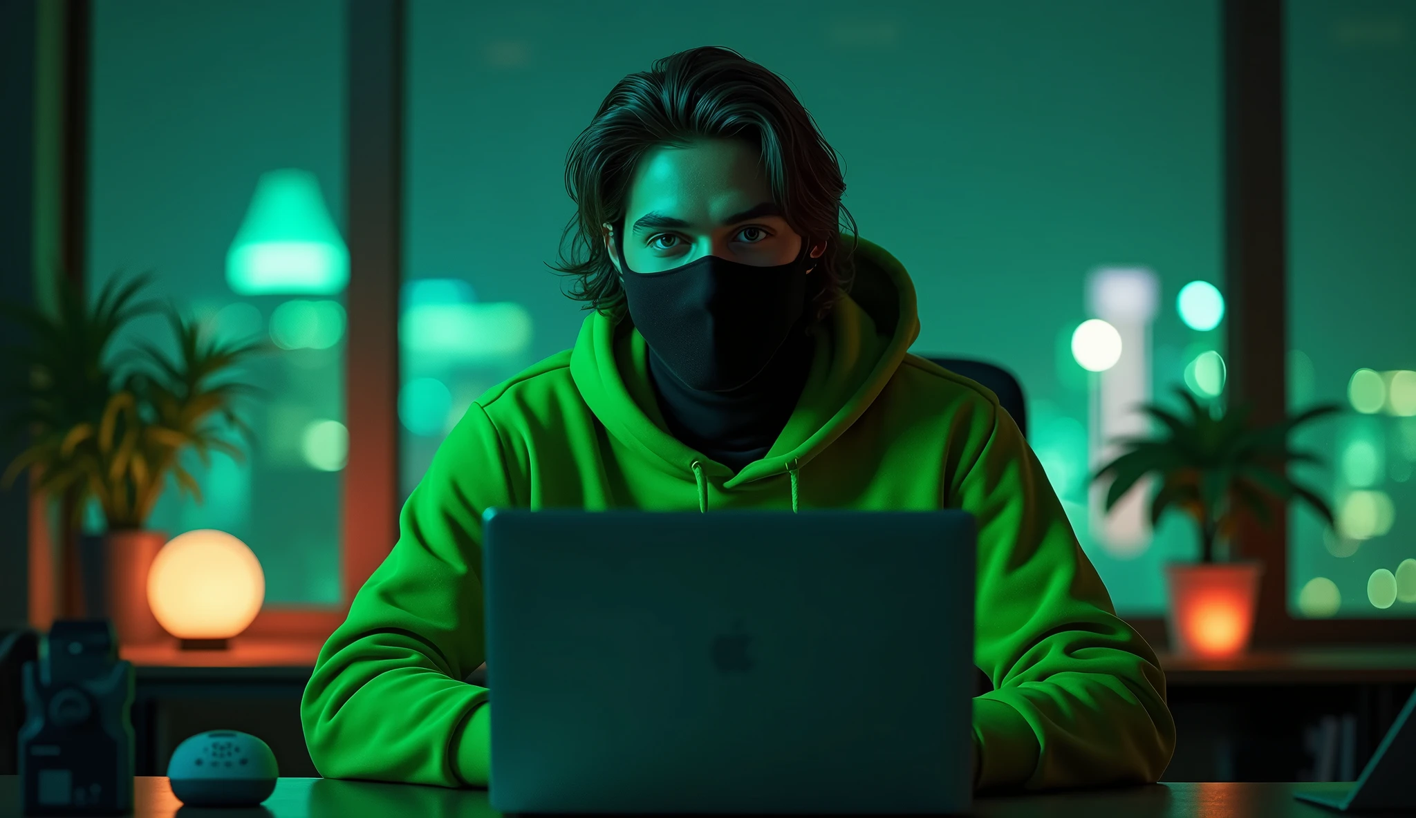 A stunning 3D render illustration of a young, confident handsome man exuding intelligence and style black face mask, a green  hoodie   . he is sitting behind his MacBook in his office, . It is night. The room has volumetric green lighting. He is front facing to the camera, looking straight and centered, central portrait, sitting straight, front view, centered looking straight.. Her hair is styled  .cascading down his shoulders. The cozy, intimate background showcases a gaming lover,desktop,cpu, including a big glass screen window on his back. This vibrant space is a reflection of his unique personality and interests, creating an inviting atmosphere., 3d render, illustration