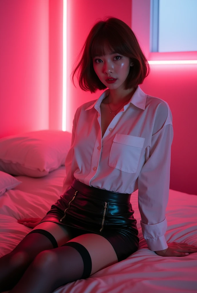 ((Korean Sexy Idol)) 35 talents ((Plump, bright red lips with lipstick)) round face Heavy makeup Big Breasts Plump Brown hair short hair ((Looking into the camera)) Sit with your legs apart ((White button-up shirt with black patent leather tight skirt and black stockings)) Skin and chest drenched in sweat (Sit on the futon with your legs spread open.) look down ((A bedroom with shoji and tatami mats lit up in pink neon lights)) Shooting from a camera angle seen from the floor