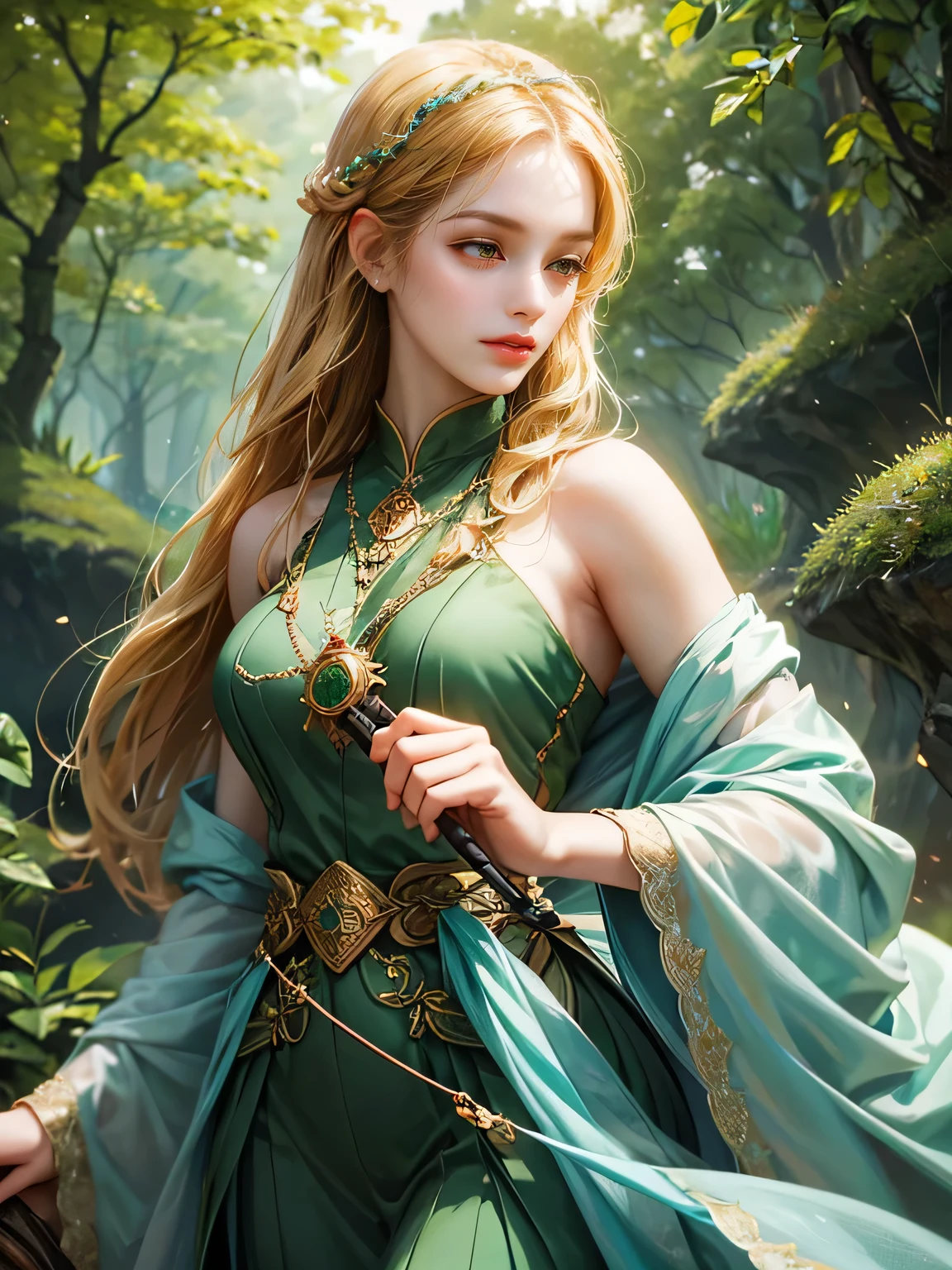 "Create an ultra-realistic image of a beautiful  holding a magical staff that radiates the essence of nature. She should be dressed in a refined, dark green shaded outfit that reflects her deep connection to the natural world. Surround her with elements of nature, such as vibrant plants, blooming flowers, and serene forest scenery, showcasing her command over this element. Include a distinct nature symbol on her body, signifying her role as the keeper of nature and illustrating the powerful, nurturing energy of nature she holds within her."