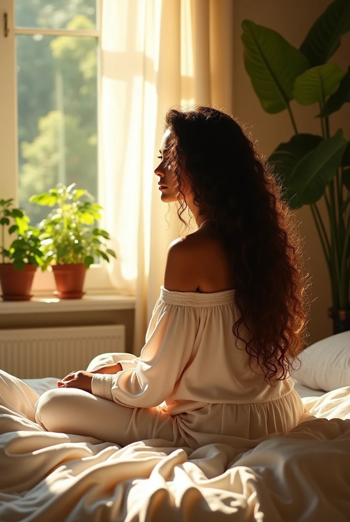 (photorealism:1.2), beautiful woman, sitting on bed, wearing loose off-shoulder top, pajama pants, long curly hair, indoors, soft lighting, plants in background, window with sunlight, cozy room, relaxed pose, realistic, intricate details, warm colors, by Greg Rutkowski, by Alphonse Mucha