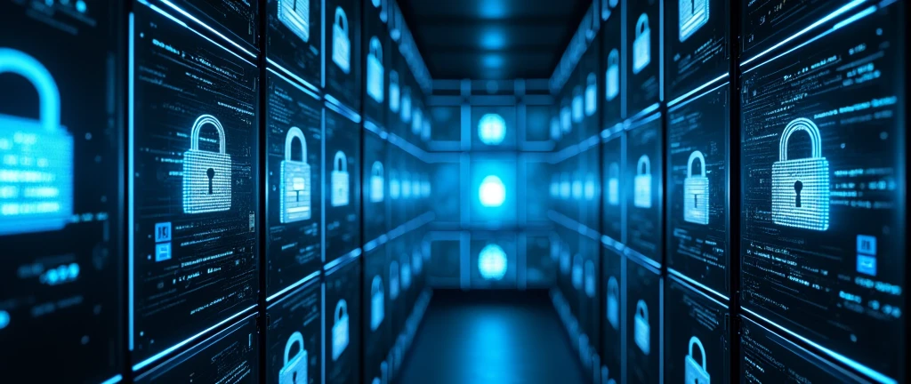 Hundreds of futuristic digital locks in blue technology