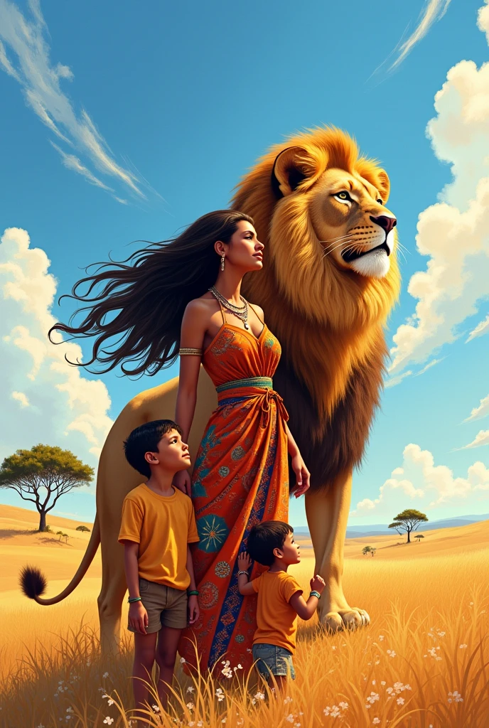 A woman with her two sons, accompanied by a majestic lion behind them.
