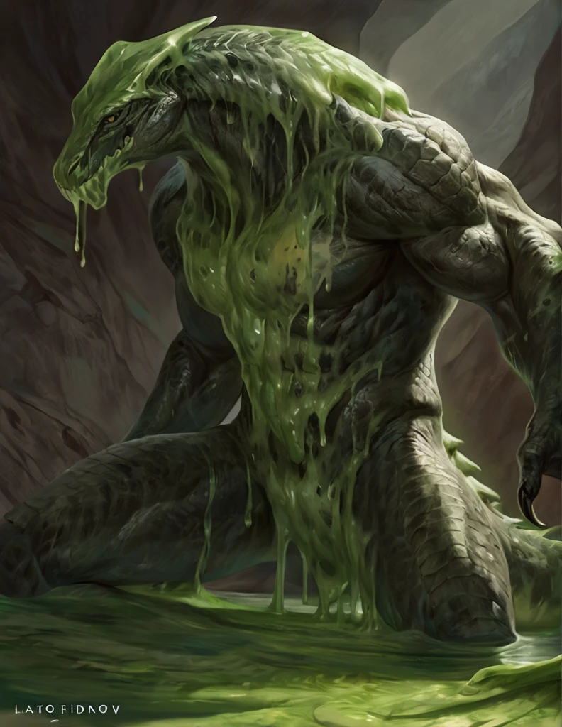 (anthro green slime monster,shape of a lizardman,transparent slime body with lizardman skull and bones inside,comic book style,best quality,4k,ultra-detailed,realistic,by laobai,by taran fiddler,by honovy)