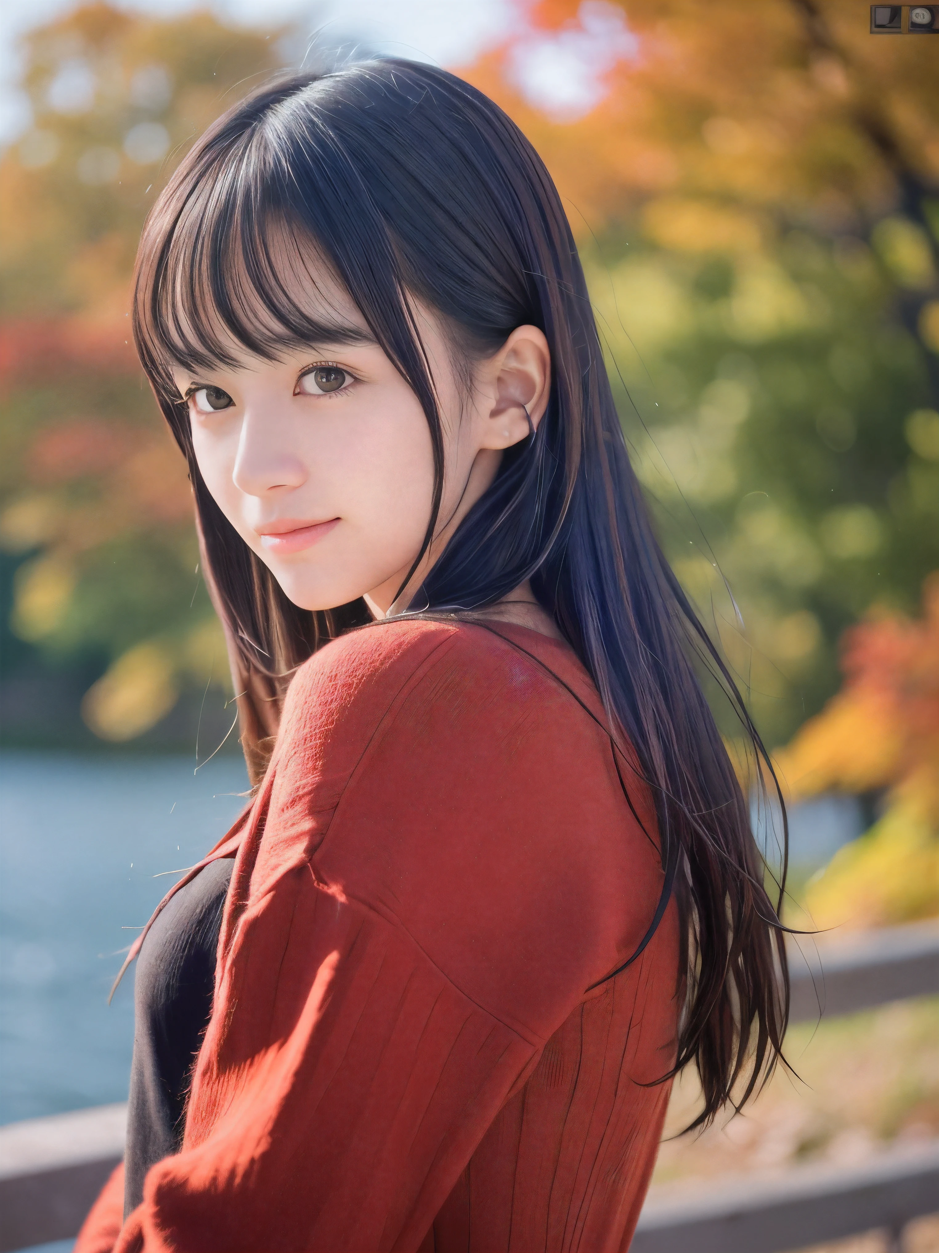 (Close up face shot of one slender small breasts dark silver long hair with bangs girl in a autumn fashion shirt and sweater:1.5)、(One girl is turn around  with small smile on the dart road near the beautiful lake:1.5)、(Beautiful autumn leaves and mountain:1.5)、(8k ultra detailed master piece:1.5)、(perfect anatomy:1.5)、(Photorealistic stick:1.5)、(Raw photo:1.3)、(highest quality:1.5)、(High resolution:1.3)、(Delicate and beautiful perfect face:1.3)、(Delicate and beautiful eye air skin:1.3)、(Real Human Skin:1.3)、((thin legs))