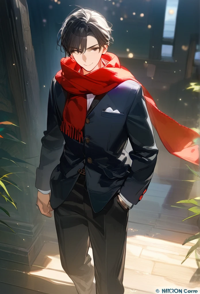 (masterpiece, top quality, best quality, official art, beautiful and aesthetic:1.2), (8k, best quality, masterpiece:1.2), (((masterpiece))), (((best quality))), (((extremely detailed))), illustration, who, (masterpiece, top quality, best quality, official art, beautiful and aesthetic:1.2), (8k, best quality, masterpiece:1.2), (((((((((1boy))))))))), black eyes, smile, full body, cowboy shot, black hair, blue button up, white under shirt, scarf,