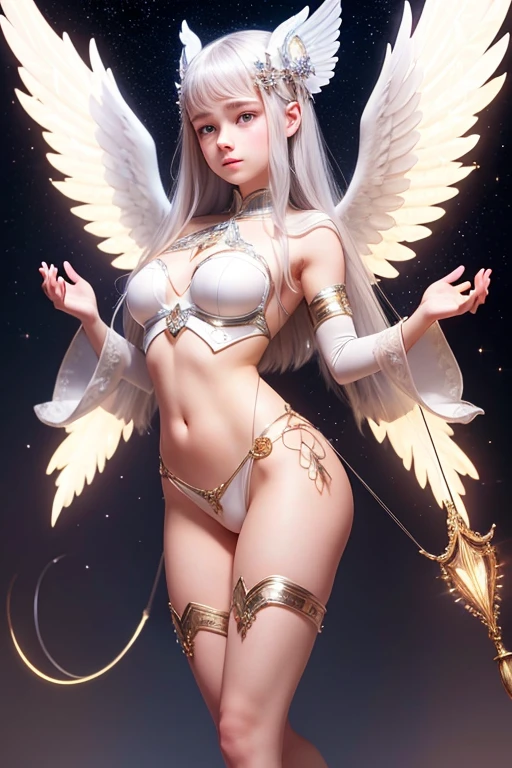 A young 15- yr old native European girl with lovely charminvg face,(pale skin texture masterpiece), (perfect full body detailed anatomy), (Super accessories detailed), (meditating ), (perfect detailed glowing bright eyes),(short illuminating silver crystalized hair),(legs wide open showing pussy line) Wearing transparent costume of an angel,holding a treasure bow & arrow, illuminating different lights covers the sorrounding atmosphere Has beautiful large white wings, The character solemnly praying