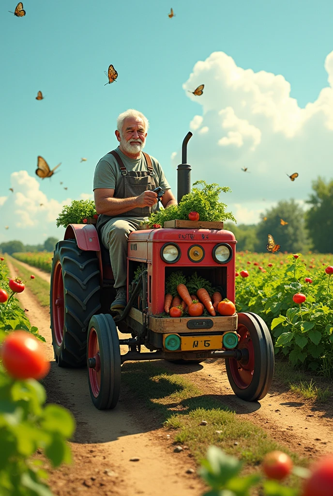 Made a vegetable tractor and a old man sit on the vegetable 
tractor 