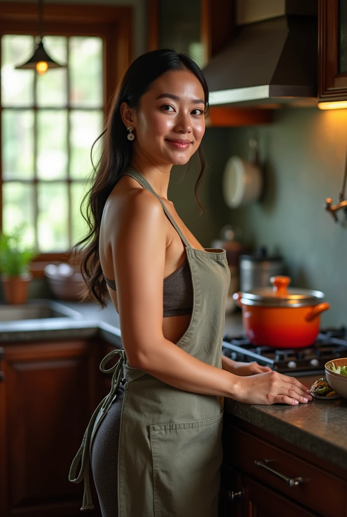 A beatiful indonesian woman, plump, natural huge breasts, only wearing an apron without shirt, is cooking in the kitchen. The kitchen atmosphere is a background detail. look at the viewer, natural light, realistic photography, wide angle shot.
