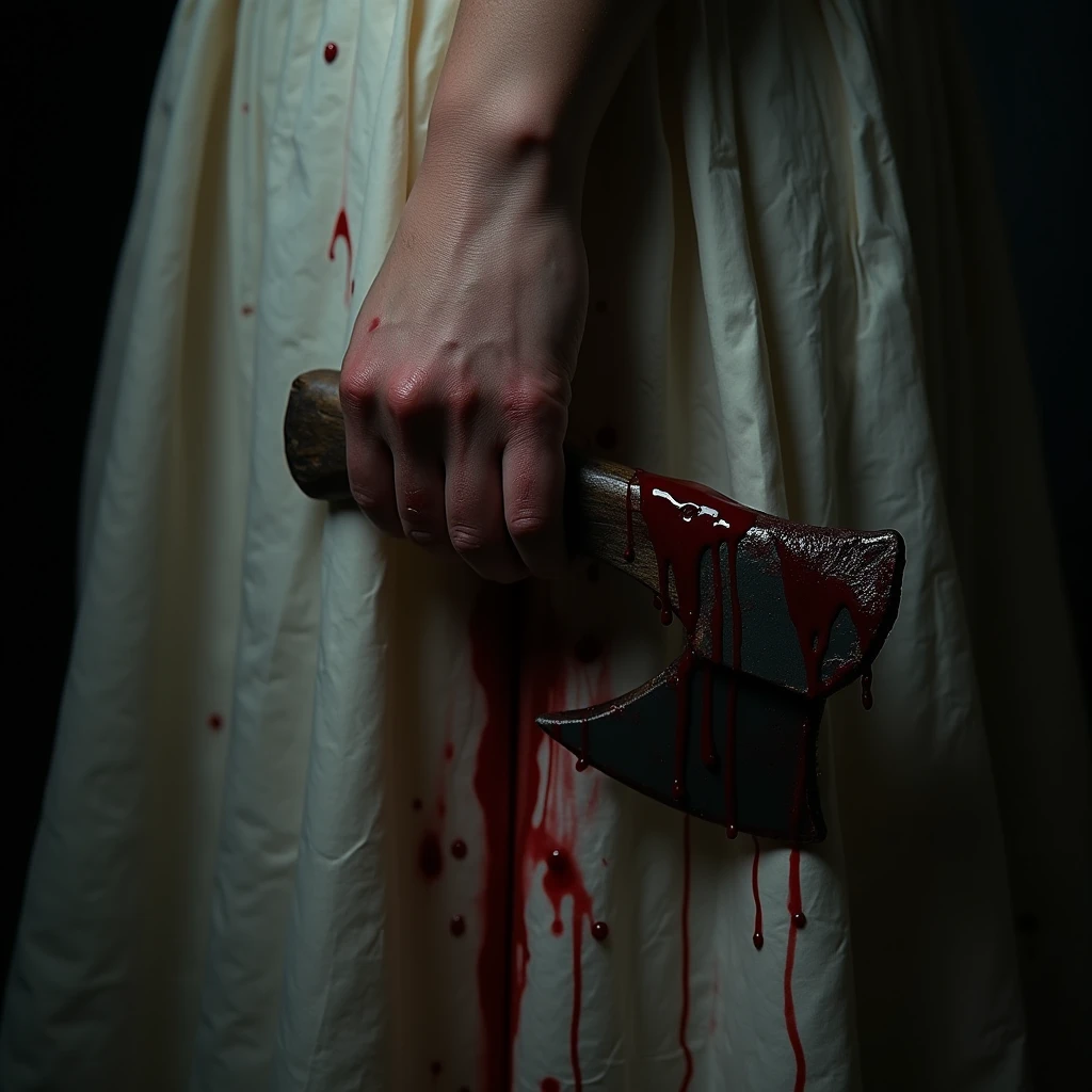 Close-up of a woman's hand gripping a bloody axe handle, white dress heavily stained with blood, dripping blood, horror, dramatic lighting, chiaroscuro, grainy, dark, atmospheric, realistic, detailed, ultra-realistic, 4k, 8k, high resolution, Masterpiece: 1.2, Ultra-detailed, Realistic: 1.37, Professional, Vivid colors, Dramatic shadows