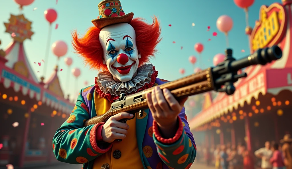 Clown holding a rifle, natta, brief