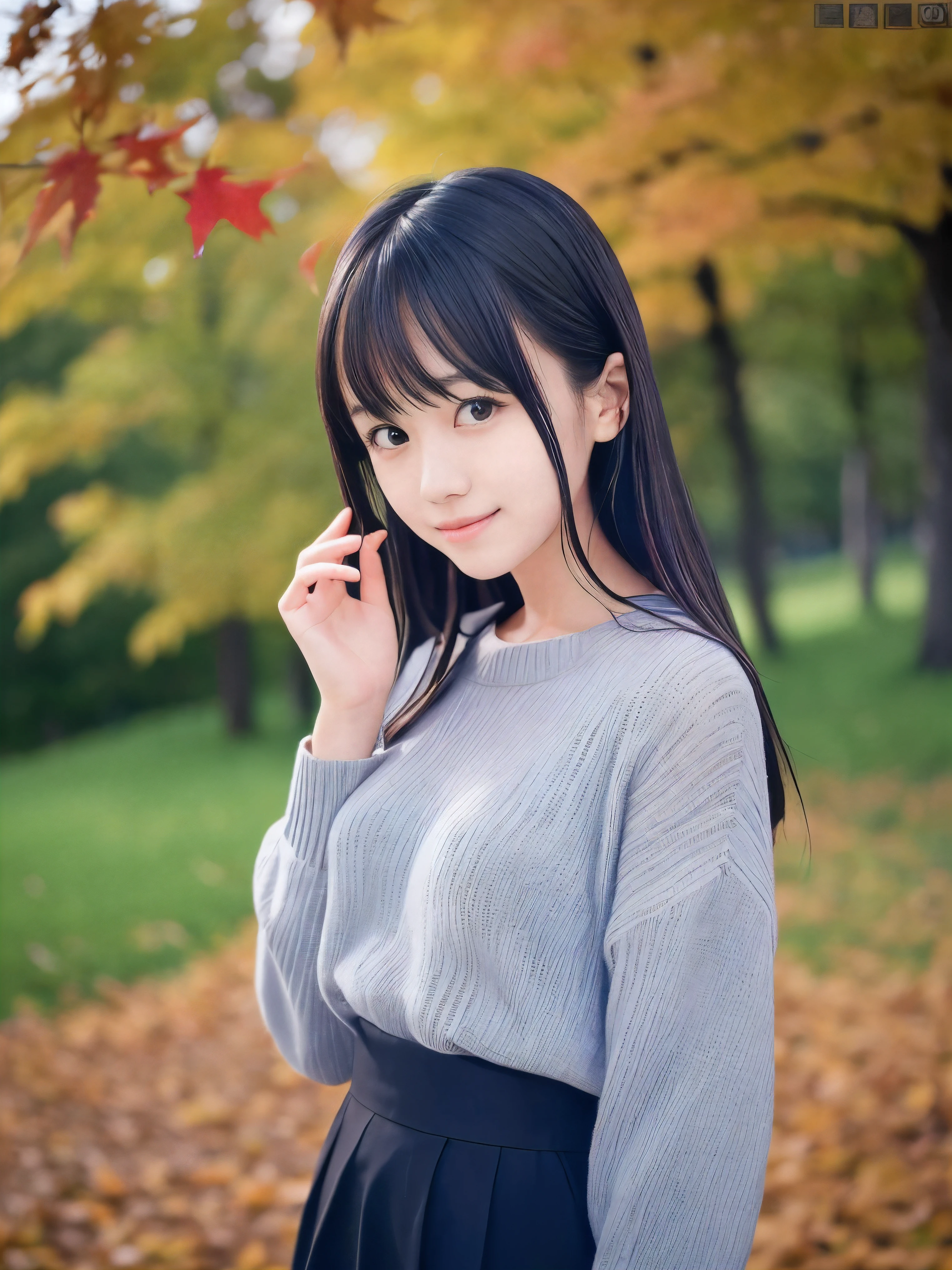 (Close up face shot of one slender small breasts dark silver long hair with bangs girl in a autumn fashion shirt and sweater:1.5)、(One girl is turn around  with small smile on the dart road near the beautiful lake:1.5)、(Beautiful autumn leaves and mountain:1.5)、(8k ultra detailed master piece:1.5)、(perfect anatomy:1.5)、(Photorealistic stick:1.5)、(Raw photo:1.3)、(highest quality:1.5)、(High resolution:1.3)、(Delicate and beautiful perfect face:1.3)、(Delicate and beautiful eye air skin:1.3)、(Real Human Skin:1.3)、((thin legs))