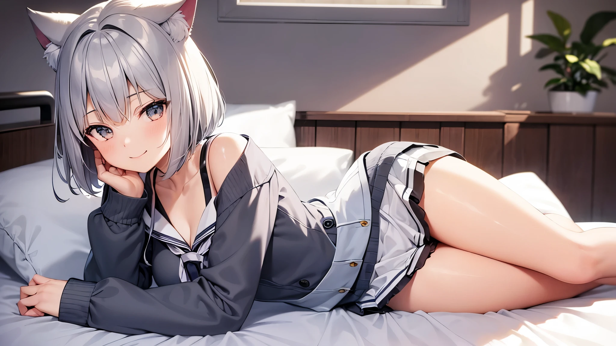 Cat ear,Gray Hair,Bob,Girl,Sailor suit,smile,bed,sexy,