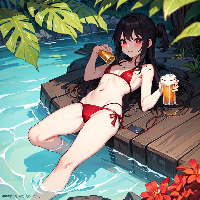 full body portrait, happy megumin, flat chest, micro bikini style swimwear, drinking beer, topless, 8K detail