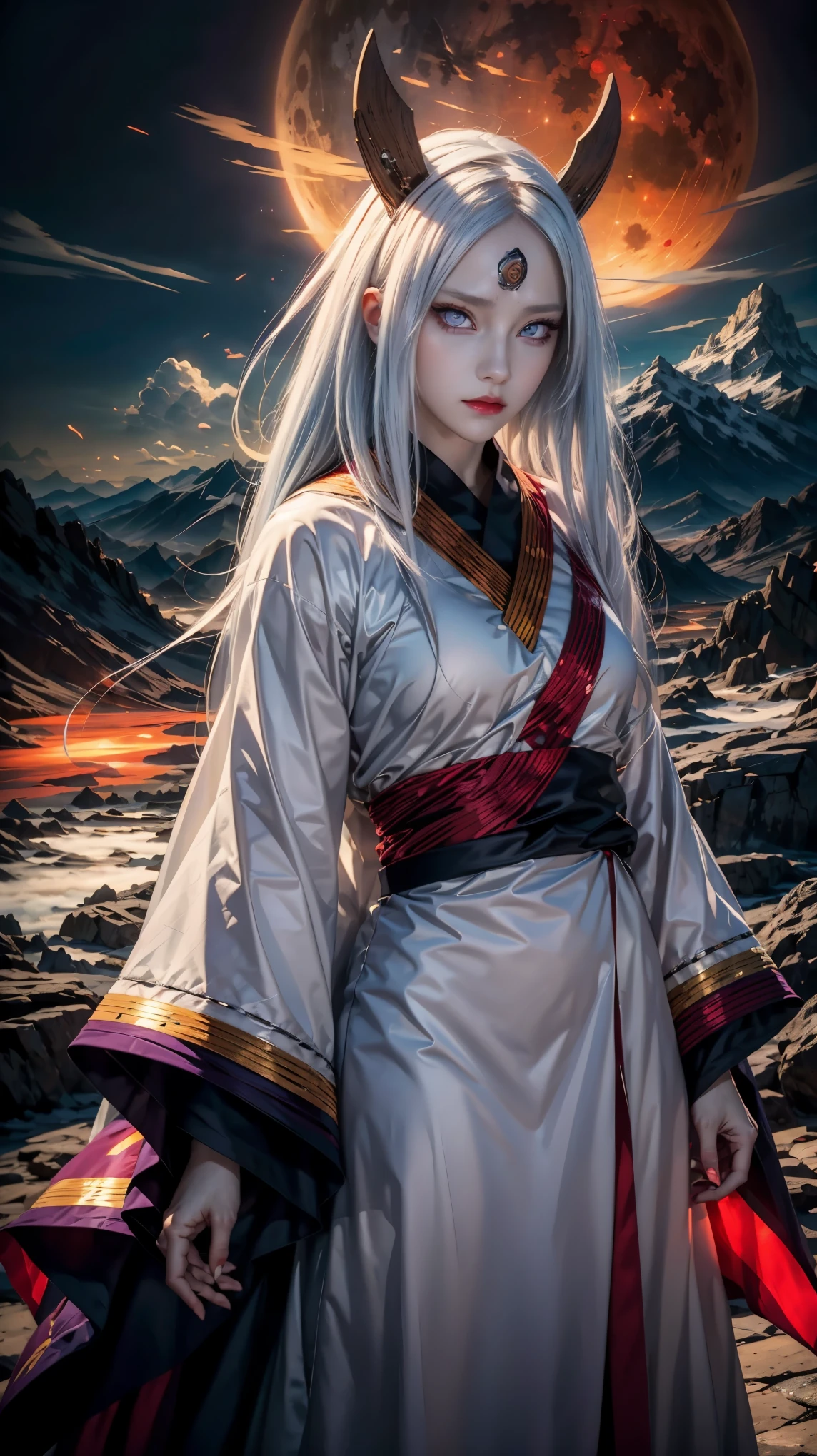 from above, high view shot, in the heart of Naruto shippuden world, a young sexy Kaguya Ōtsutsuki woman with a large and white style haircut, luminicent long hair, white skin, sexyaguya Ōtsutsuki clothes, white, red, gold and purple, magic chakra, serious. In a dark night with a full blood moon, with Ōtsutsuki symbols, black tattoos, sensual pose, chakra dust, creates an atmosphere of Naruto shippuden anime, energy and neon lights, neon red , neon purple. good quality eyes, white byakugan eyes, ultra detailed, red and purple, magic light effects, masterpiece, 4k, raytracing, medium body, close-up, high view, particles and hard blue-red neon lights, focus on red and white color
