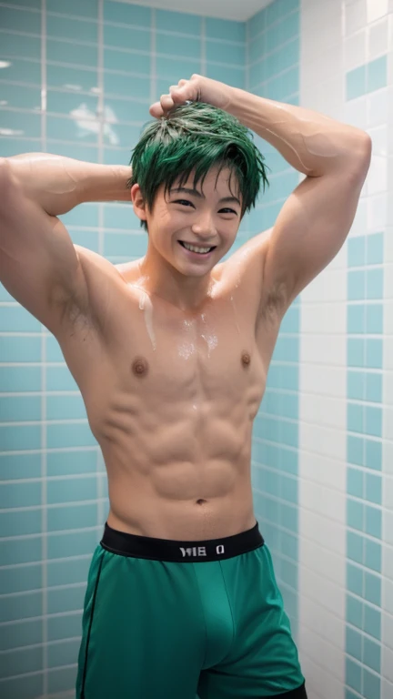 Japanese men、、Well-developed muscles and smooth skin、Fluffy, voluminous, bright green hair、Thin lace boxer briefs、See your whole body from head to toe、Smiling softly and friendly、Hero Academy、In the shower room、Raising his fist in a manly pose