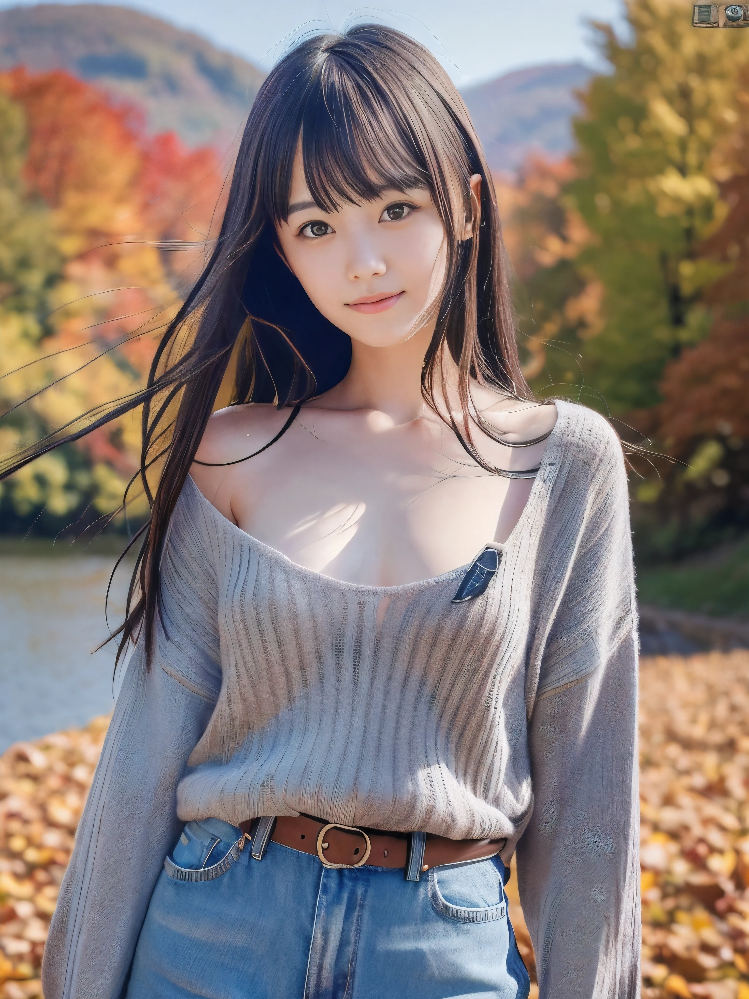 (Close up face shot of one slender small breasts dark silver long hair with bangs girl in a autumn fashion shirt and sweater:1.5)、(One girl is turn around  with small smile on the dart road near the beautiful lake:1.5)、(Beautiful autumn leaves and mountain:1.5)、(8k ultra detailed master piece:1.5)、(perfect anatomy:1.5)、(Photorealistic stick:1.5)、(Raw photo:1.3)、(highest quality:1.5)、(High resolution:1.3)、(Delicate and beautiful perfect face:1.3)、(Delicate and beautiful eye air skin:1.3)、(Real Human Skin:1.3)、((thin legs))