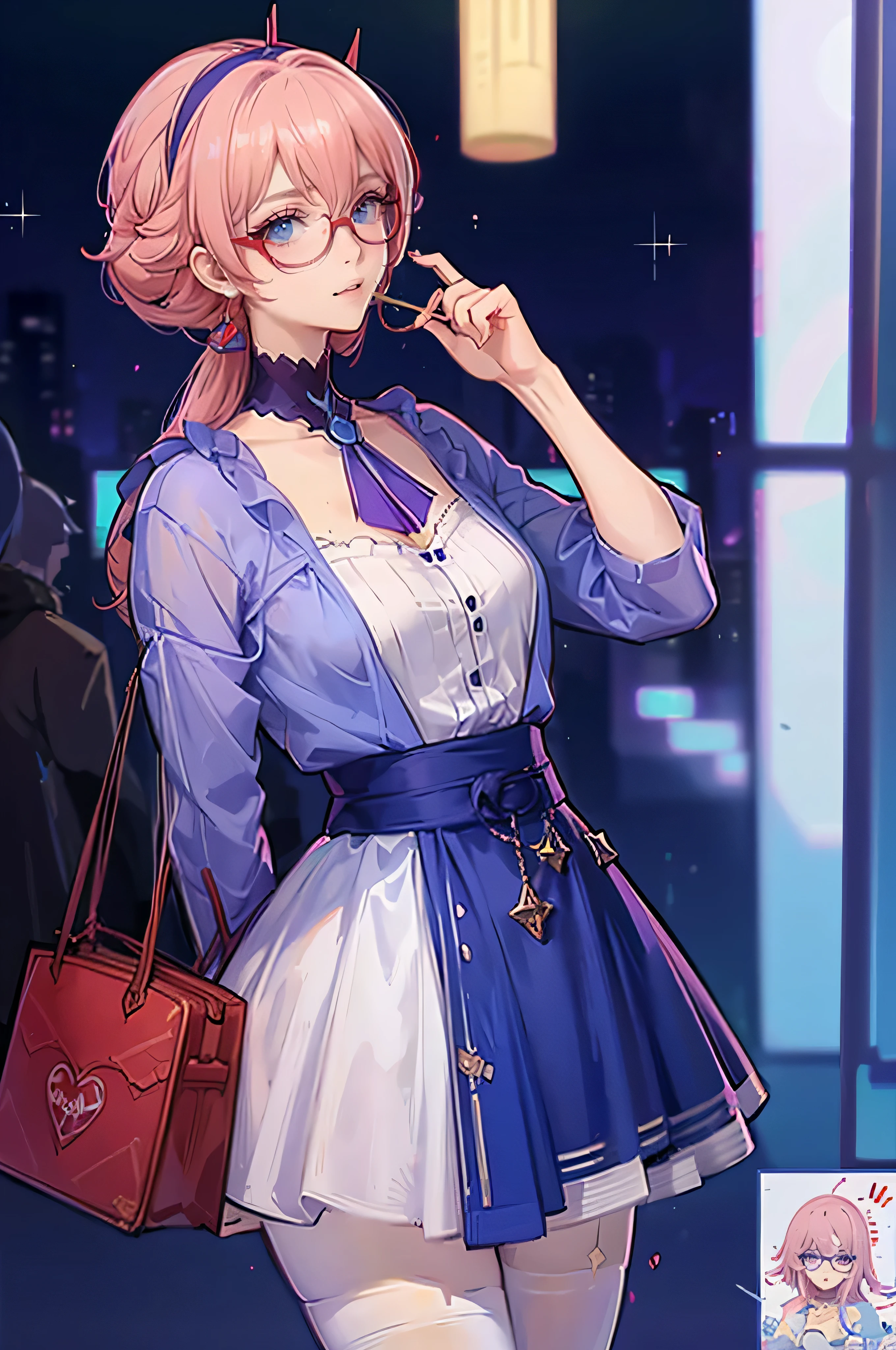 anime,An illustration,purple robot,Mobile Suit,Dom,Light blue check dress,Red glasses,Blonde,Light blue mesh hair,beautiful girl,Sora Sakurano,One person