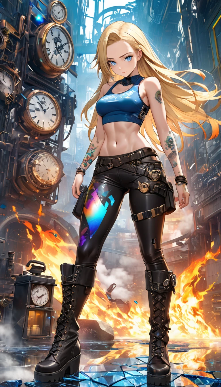 seamless Integration, baby-faced beautiful girl, attractive and seductive expression, shy, blonde straight hair, forehead, make-up, blue eyes, superlative body proportion, abs, covered in tattoos, wearing crop tanktop, tight fitting leather pants, heavy engineer boots, shattered cracked glass, fusion of (cyber, diesel, clock, steam) punk and (water, fire, earth, wind) punk, conceptual installation art, 2.5D, delicate and dynamic, iridescent effects, artistic, hyper, graphic CG digital art