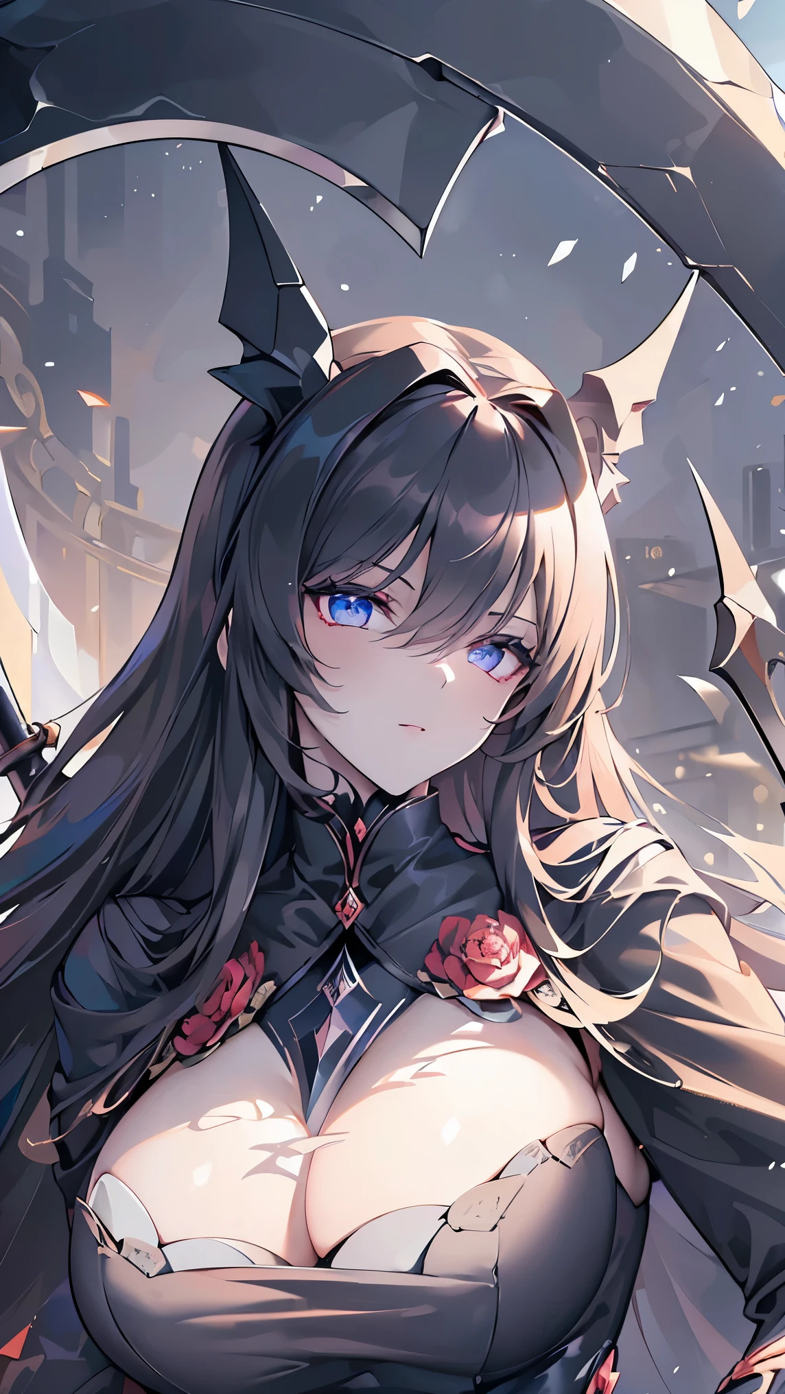 ((best quality)), ((masterpiece)), (detailed), perfect face, ((Best quality, 8k, Masterpiece: 1.3)), Sharp focus, Highly detailed face and skin texture, Detailed eyes, detailed fingers, Goddess, black dress, (big scythe:1.3), Grim Reaper, (Black Cape), Goddess in the mist, Light rises from the feet