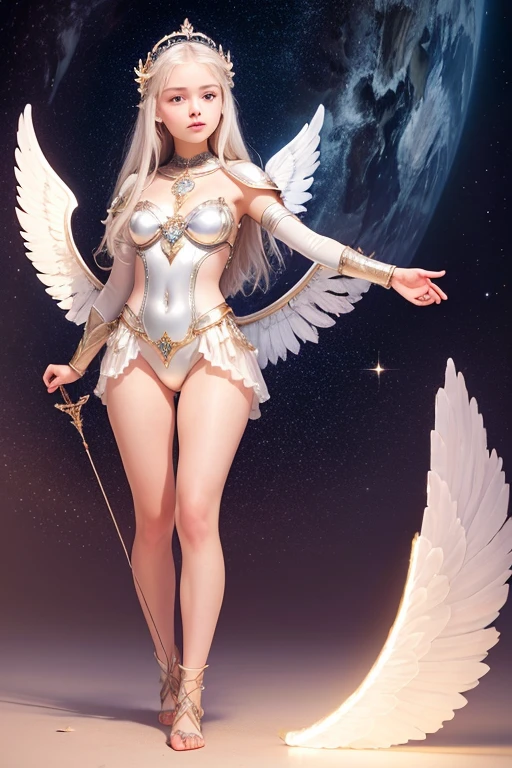 A young 15- yr old native European girl with lovely charminvg face,(pale skin texture masterpiece), (perfect full body detailed anatomy), (Super accessories detailed), (meditating ), (perfect detailed glowing bright eyes),(short illuminating silver crystalized hair),(legs wide open showing pussy line) Wearing transparent costume of an angel,holding a treasure bow & arrow, (( illuminating different lights covering the sorrounding atmosphere)) Has beautiful large white wings, The character solemnly praying