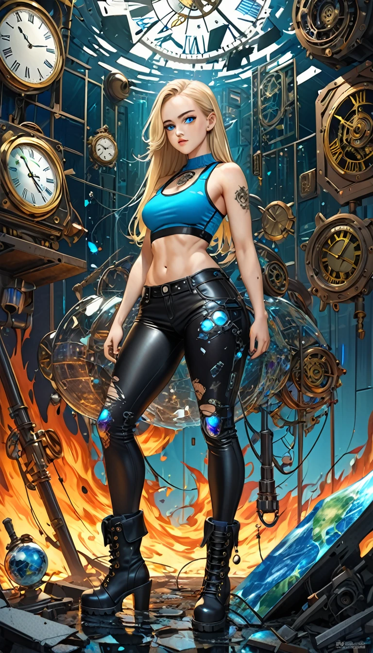 seamless Integration, baby-faced beautiful girl, attractive and seductive expression, shy, blonde straight hair, forehead, make-up, blue eyes, superlative body proportion, abs, covered in tattoos, wearing crop tanktop, tight fitting leather pants, heavy engineer boots, shattered cracked glass, fusion of (cyber, diesel, clock, steam) punk and (water, fire, earth, wind) punk, conceptual installation art, 2.5D, delicate and dynamic, iridescent effects, artistic, hyper, graphic CG digital art