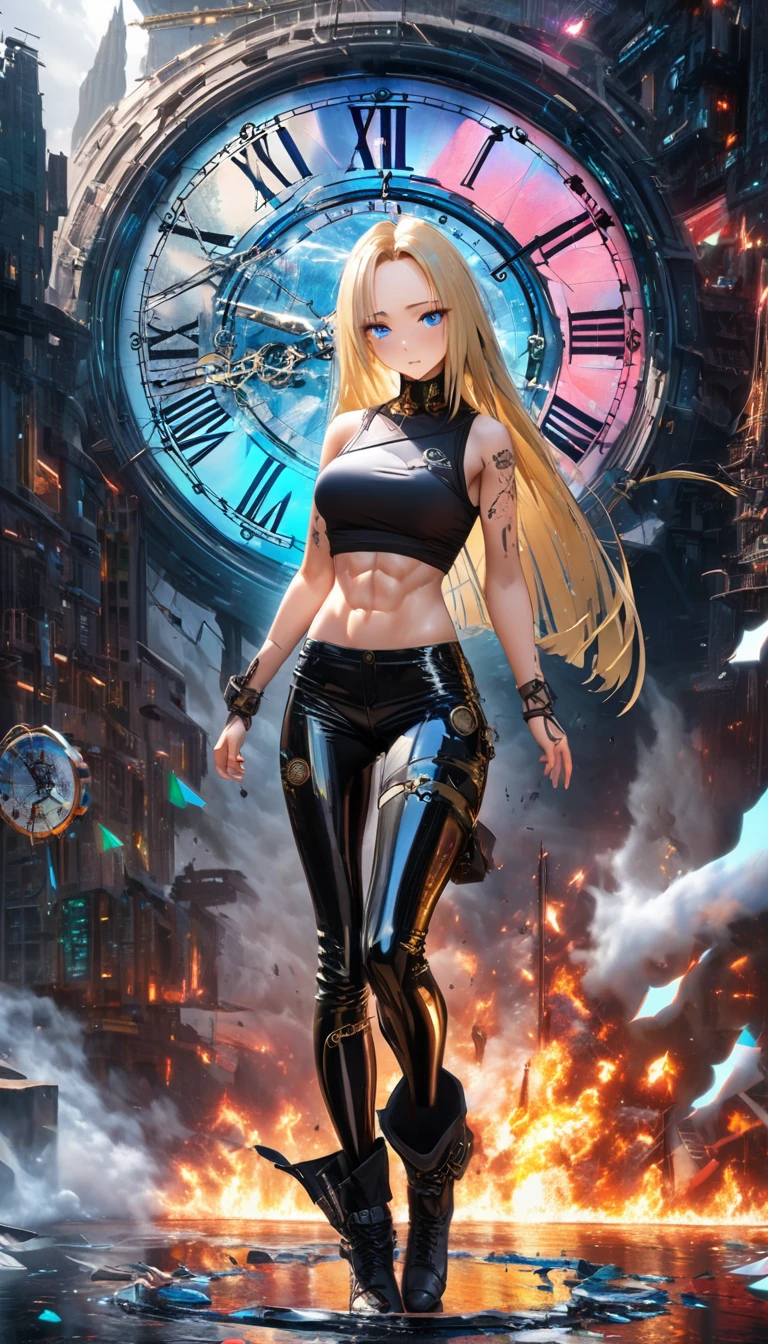 seamless Integration, baby-faced beautiful girl, attractive and seductive expression, shy, blonde straight hair, forehead, make-up, blue eyes, superlative body proportion, abs, covered in tattoos, wearing crop tanktop, tight fitting leather pants, heavy engineer boots, shattered cracked glass, fusion of (cyber, diesel, clock, steam) punk and (water, fire, earth, wind) punk, conceptual installation art, 2.5D, delicate and dynamic, iridescent effects, artistic, hyper, graphic CG digital art