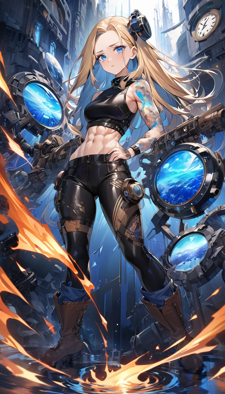 seamless Integration, baby-faced beautiful girl, attractive and seductive expression, shy, blonde straight hair, forehead, make-up, blue eyes, superlative body proportion, abs, covered in tattoos, wearing crop tanktop, tight fitting leather pants, heavy engineer boots, shattered cracked glass, fusion of (cyber, diesel, clock, steam) punk and (water, fire, earth, wind) punk, conceptual installation art, 2.5D, delicate and dynamic, iridescent effects, artistic, hyper, graphic CG digital art