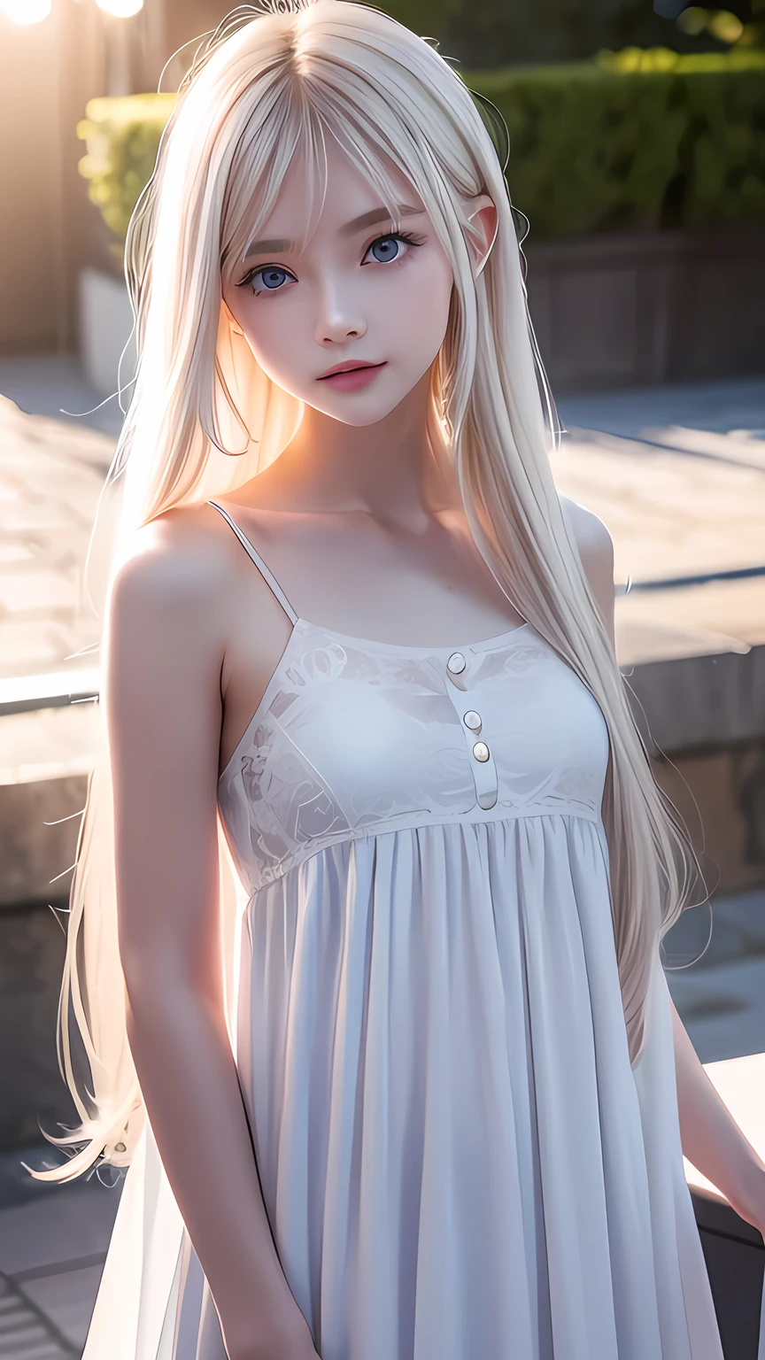 Fine, natural platinum blonde hair、Super long straight hair、Face and eye bangs、Very bright blue large eyes、Transparent white and wet nightgown、Nordic youth、Perfect body、White muscle、Shiny skin、Young and beautiful skin、Perfect beautiful little face、Bright makeup、Pale pink lips、Bright expression、1 of、Buttonless shirt、lipstick、Deceptive advertising、{steams}、Viewer vision、Golden Hour Lighting、Bokeh Atmosphere Perspective、detailed、Movie Light、Intricate details、High resolution、Detailed features of the face design、detailed、Clear Focus、Smoothness、aesthetics、printing、Octane、masterpiece、{{}}