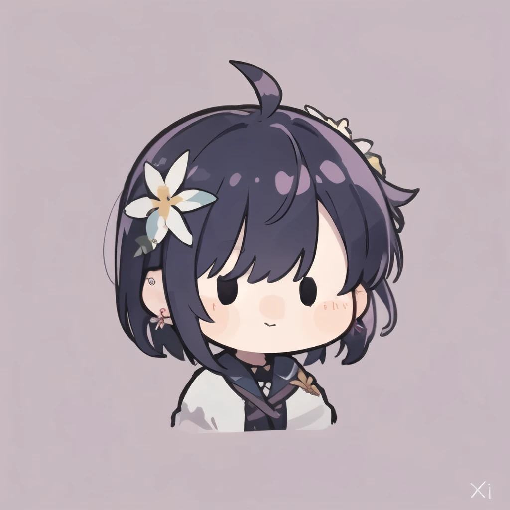 flat avatar, 1girl, solo, soft_smile,choppy bob, hair ornament, upper_body,chibi, simple background,School Bus bluish purple hair, earrings, x hair ornament,hair flower, jewelry,layered dress