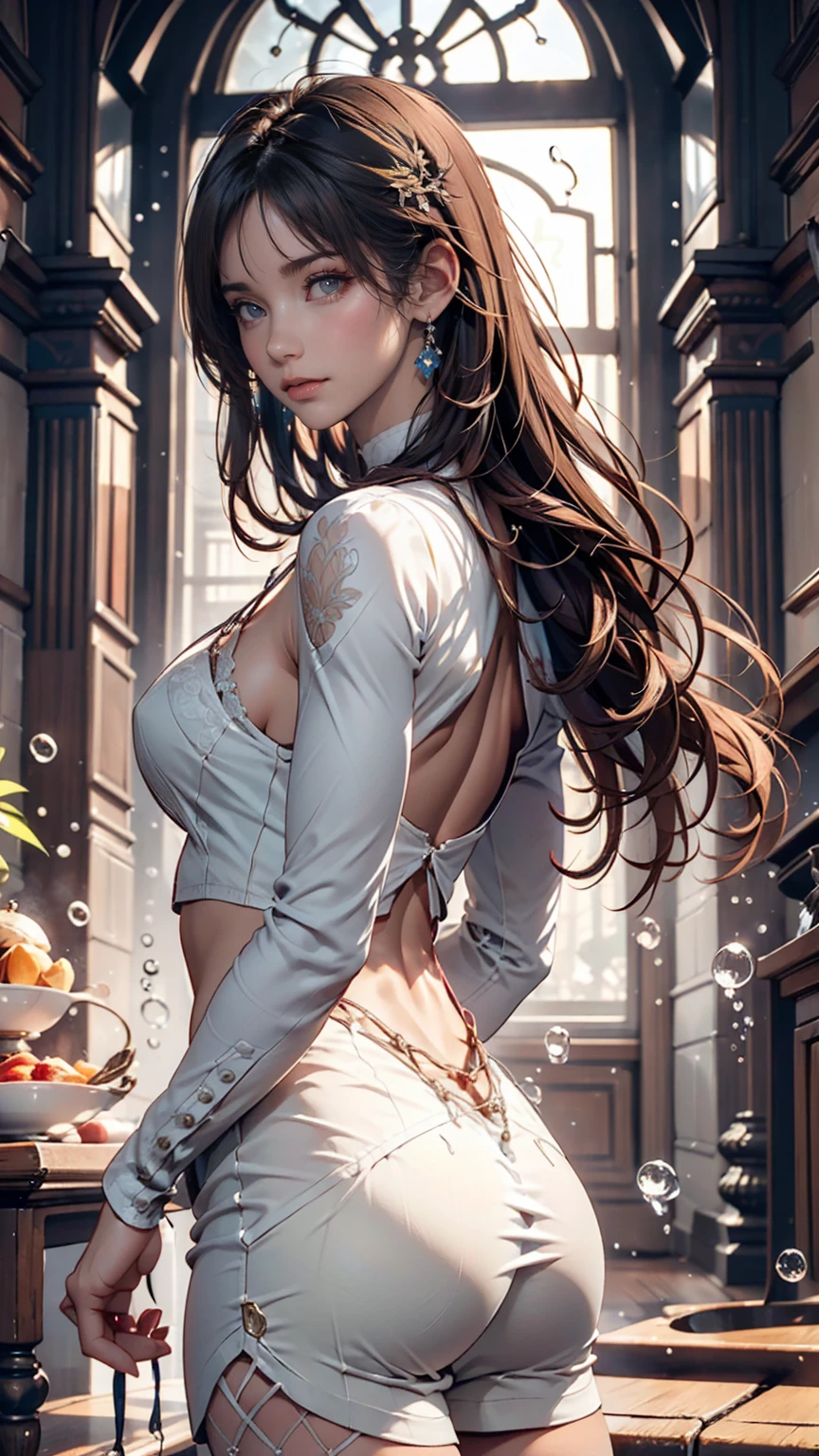 (((Exquisite))) Openwork tights, High quality details, Flowing, dynamic, (1 female), Bright Eyes, Full of energy, Fascinating front and back, Silk texture, Expressing high-quality texture, Giant bubbles, Soft Light, Full of realism, At the moment, this girl is in a fantasy world..