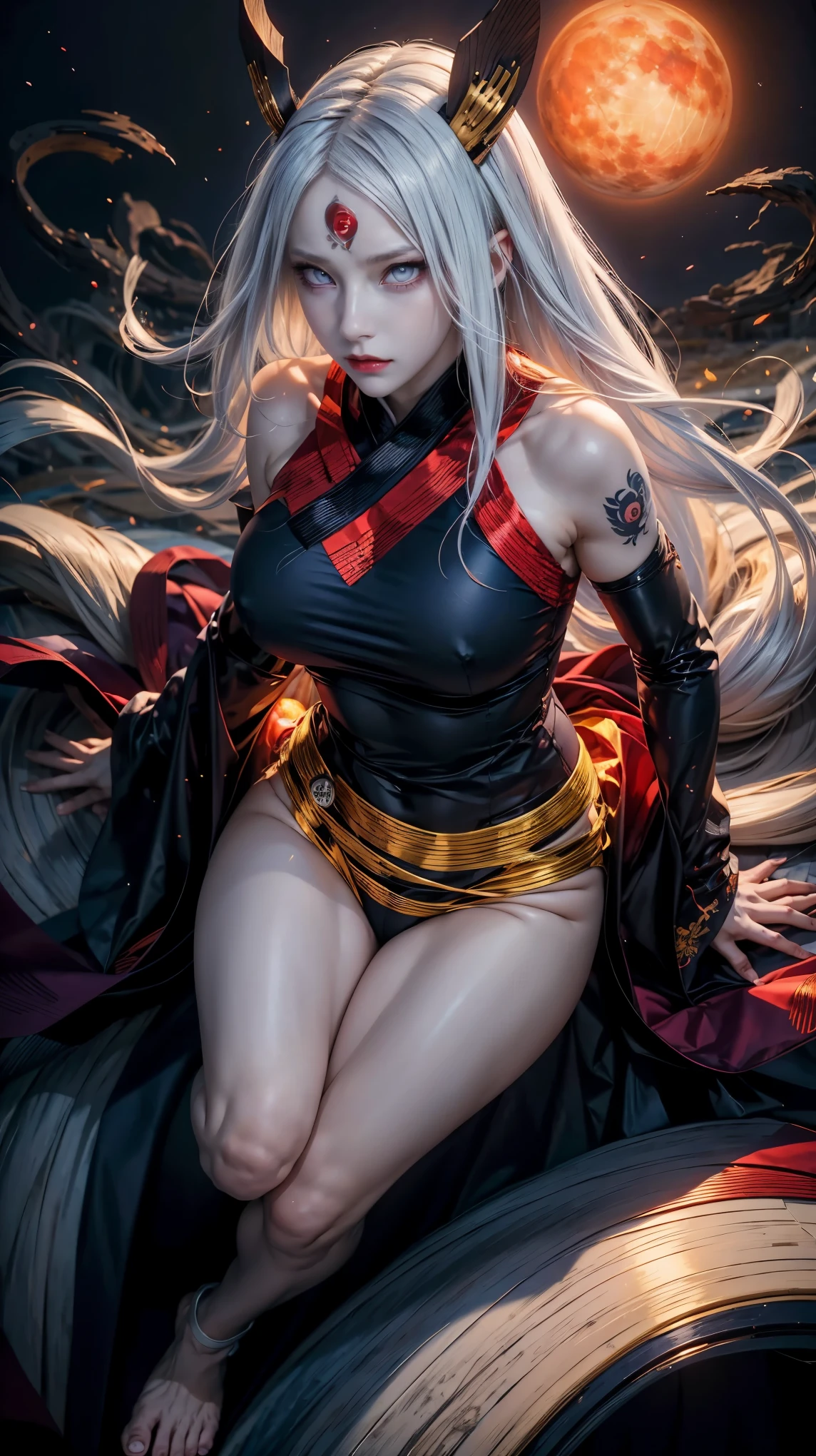 from above, high view shot, in the heart of Naruto shippuden world, a young sexy Kaguya Ōtsutsuki with a large and white style haircut, luminicent long hair, white skin, sexy and tight Ōtsutsuki clothes, white, red, gold and purple, magic chakra, serious. In a dark night with a full blood moon, with Ōtsutsuki symbols, black tattoos, sensual pose, chakra dust, creates an atmosphere of Naruto shippuden anime, energy and neon lights, neon red , neon purple. good quality eyes, white byakugan eyes, ultra detailed, red and purple, magic light effects, masterpiece, 4k, raytracing, medium body, close-up, high view, particles and hard blue-red neon lights, intricate details, focus on red and white color
