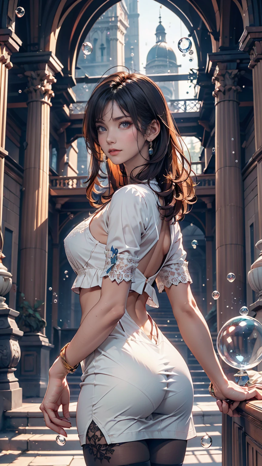 (((Exquisite))) Openwork tights, High quality details, Flowing, dynamic, (1 female), Bright Eyes, Full of energy, Fascinating front and back, Silk texture, Expressing high-quality texture, Giant bubbles, Soft Light, Full of realism, At the moment, this girl is in a fantasy world..