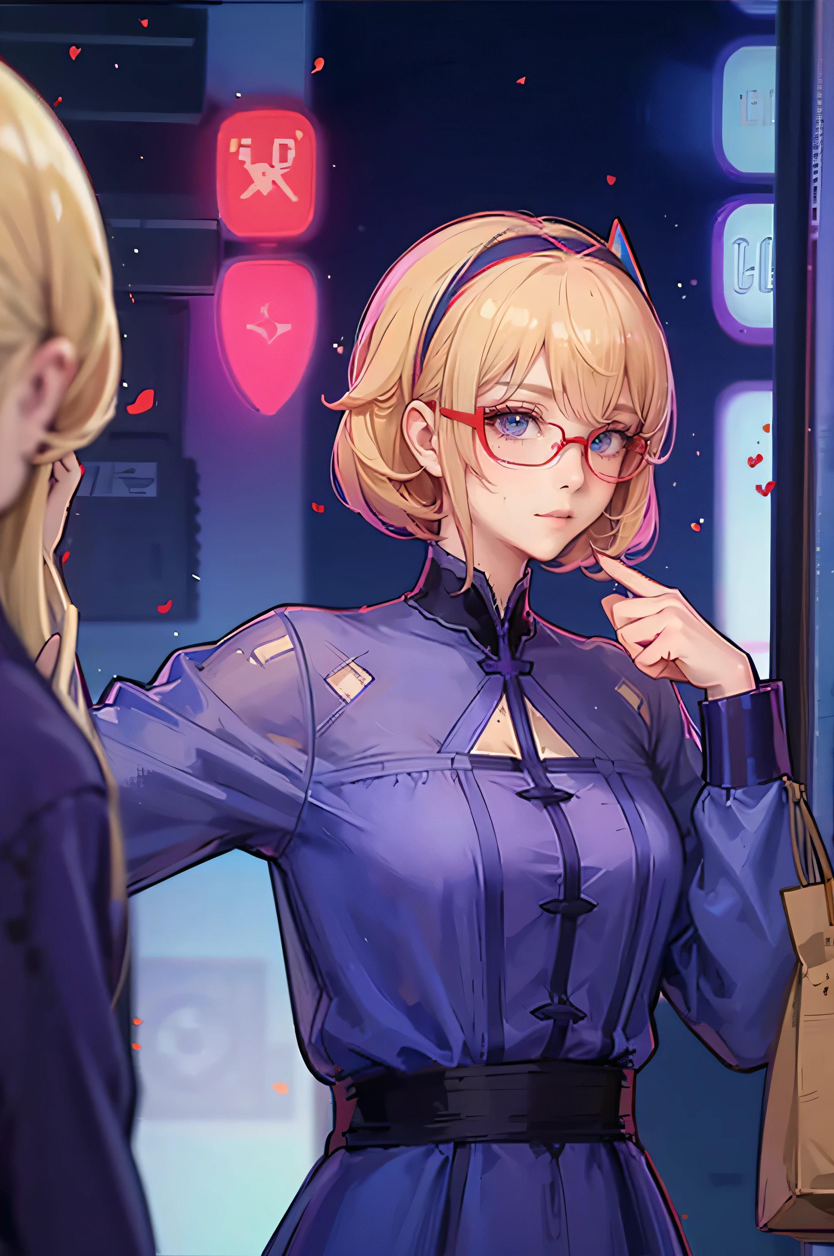 anime,An illustration,purple robot,Mobile Suit,Dom,Light blue check dress,Red glasses,Blonde,Light blue mesh,beautiful girl,Sora Sakurano,One person