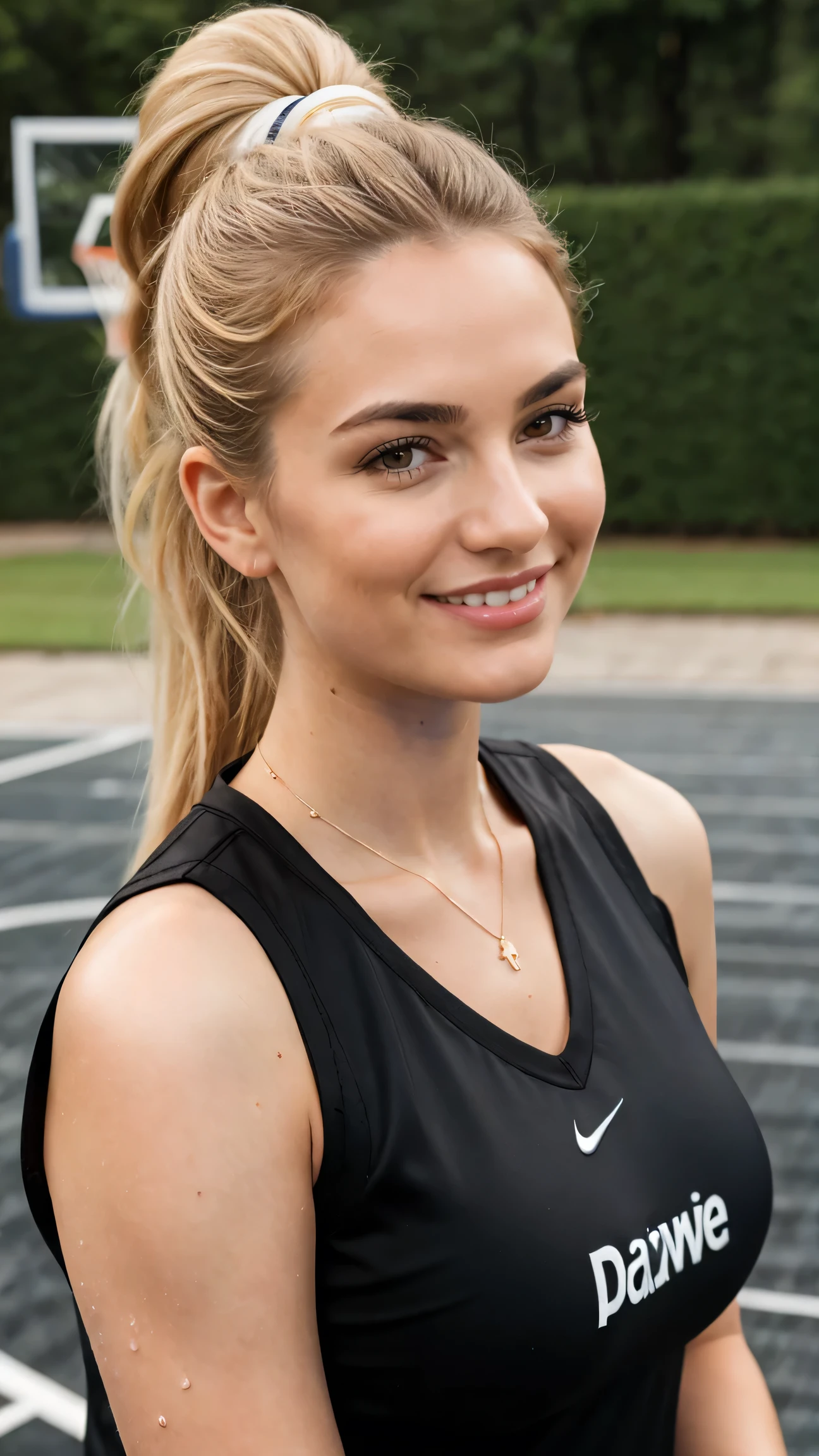 A charming 25-year-old Danish woman ,complete, A voluptuous figure and especially large breasts, Her body remains well-proportioned and attractive even in middle age.. Her captivating looks are enhanced by her blonde hair and eyes. .She has a ponytail hairstyle、smile, Very large breasts、1girl, (((A very beautiful 25-year-old Danish woman))), cute、Looking at this、 ((Beautiful low ponytail)), Detailed face、Detailed body、So cute face, Glossy Lips, Double eyelids on both eyes,Natural smile、 Natural Makeup, Long eyelashes, Shiny and smooth hair、Perfect limbs, Perfect Anatomy,(((Basketball Sleeveless Uniform)))、,(Wet with sweat), masterpiece, 最high quality, high quality, High resolution, ((Upper body portrait))、sexly、On the outdoor basketball court