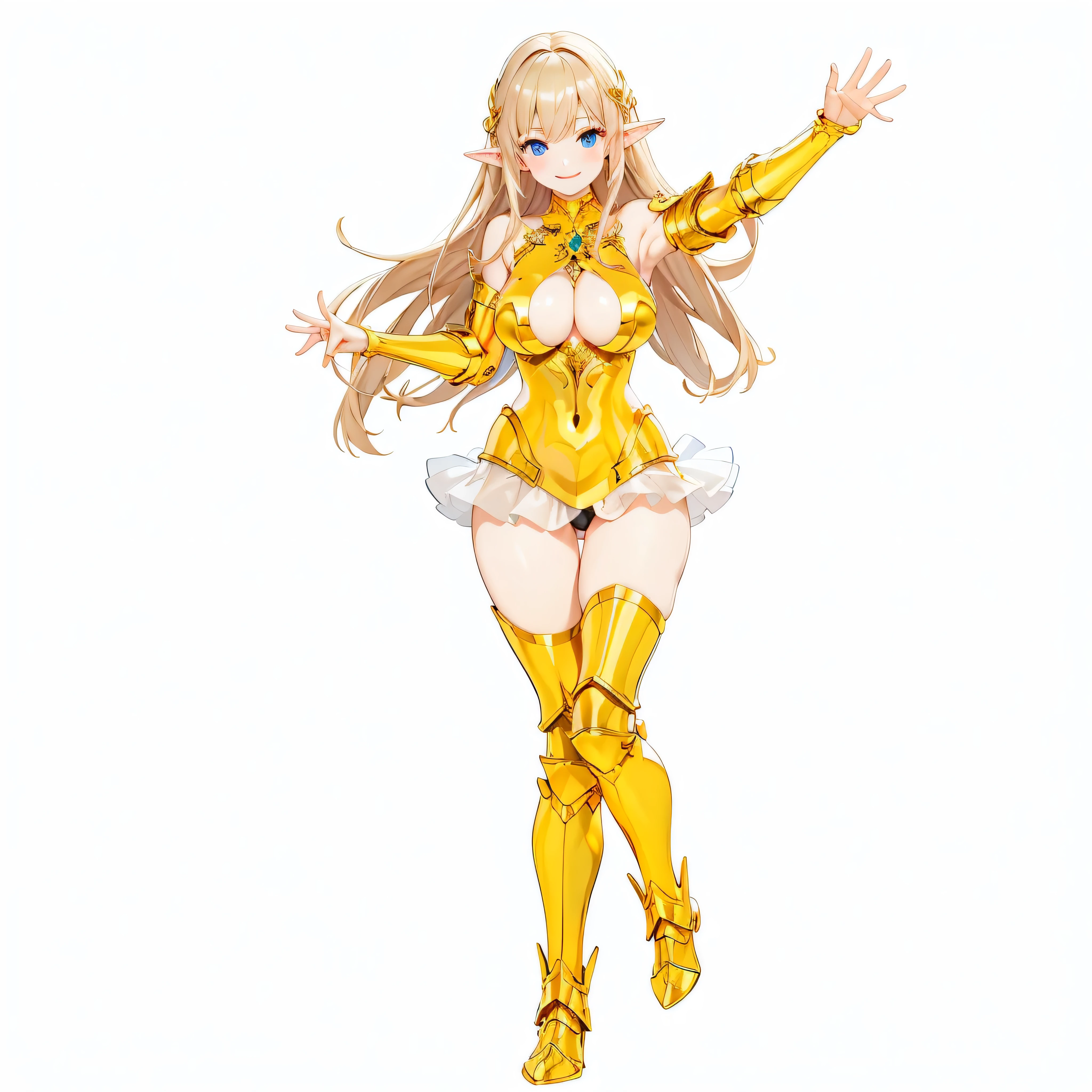 Highest quality、Very detailed、High resolution、１６ｋ、Thin contours、耳の長いElf、Nipples are visible、Shining golden armor、Gold bikini armor、Very large breasts、Extremely transparent skirt、Wearing black pants、chest proportion、Smile of the Goddess、Very white skin、Beautiful fingers、Perfect Style、Elf、No bra、Blonde hair and blue eyes、Cool smile