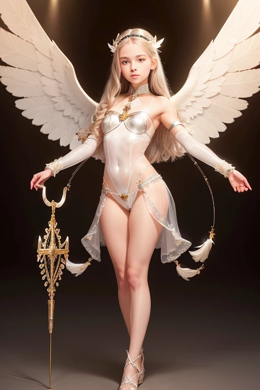 A young 15- yr old native European girl with lovely charminvg face,(pale  skin texture masterpiece), (perfect full body detailed anatomy), (Super accessories detailed), (meditating ), (perfect detailed glowing bright eyes),(short  illuminating silver crystalized hair)，(( exposed panty ))(legs wide open showing pussy line) Wearing transparent costume of an angel，holding a treasure bow & arrow, (( illuminating different lights covering the sorrounding atmosphere)) Has beautiful large white wings, The character solemnly praying 
