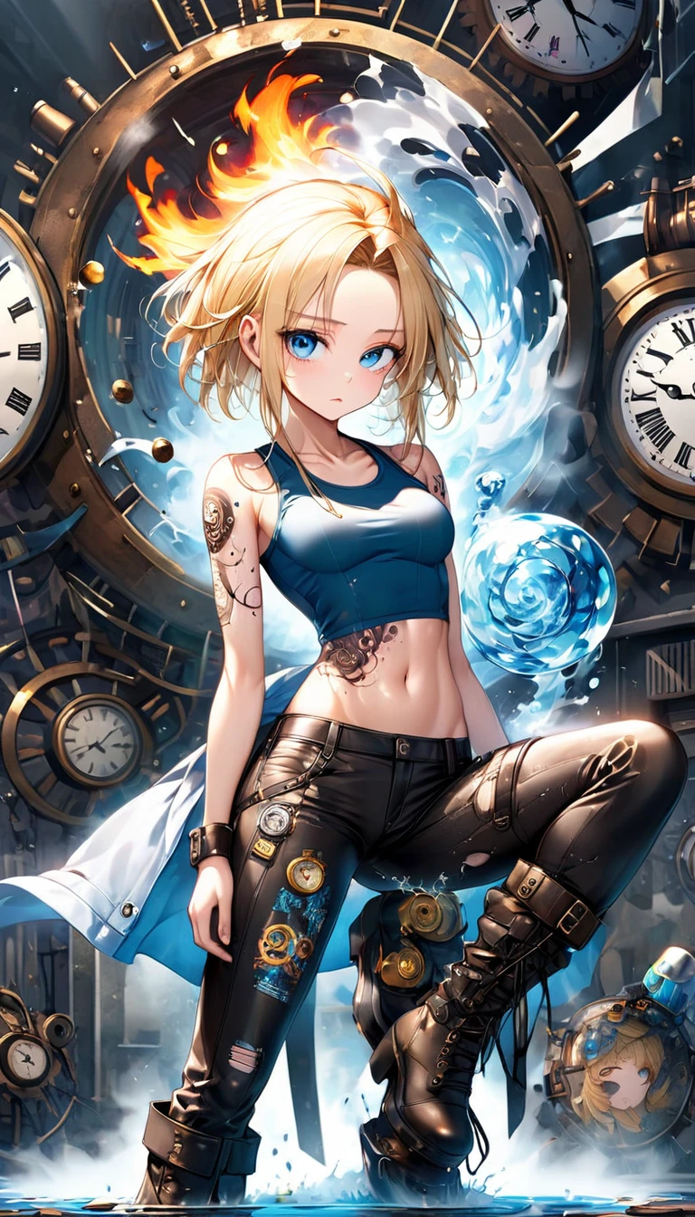 seamless Integration, baby-faced beautiful girl, attractive and seductive expression, shy, blonde straight hair, forehead, make-up, blue eyes, superlative body proportion, abs, covered in tattoos, wearing crop tanktop, tight fitting leather pants, heavy engineer boots, shattered cracked glass, fusion of (cyber, diesel, clock, steam) punk and (water, fire, earth, wind) punk, conceptual installation art, 2.5D, delicate and dynamic, iridescent effects, artistic, hyper, graphic CG digital art
