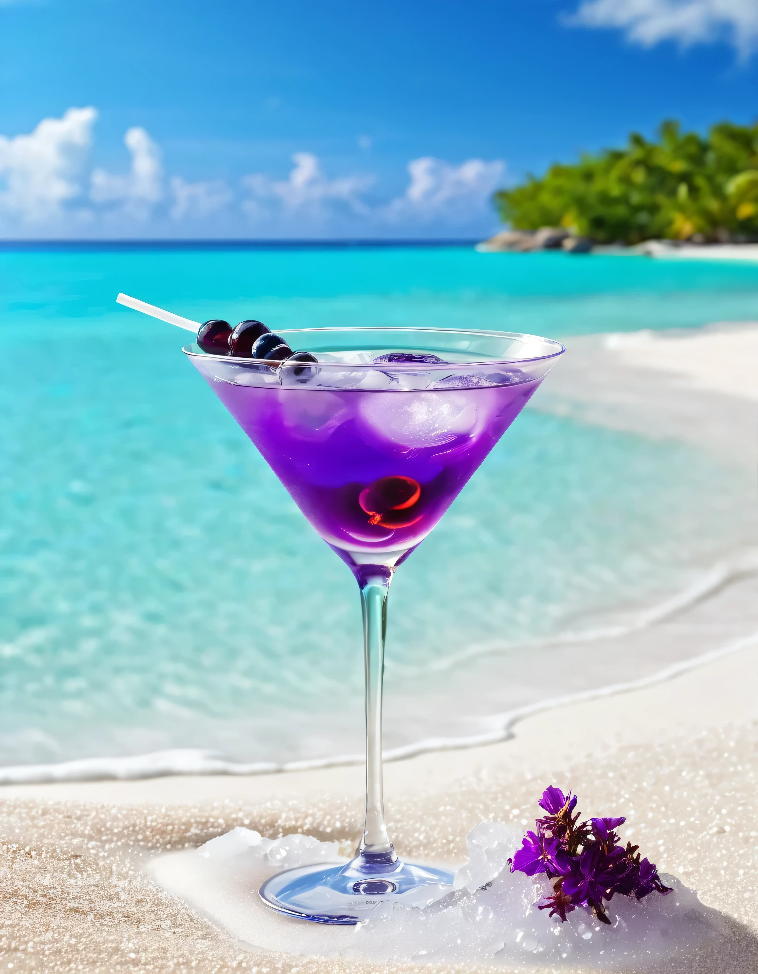 Sophisticated purple.  Martini cocktail with ice ,View of a tropical beach on a sunny day、White sand beach、Turquoise Sea、