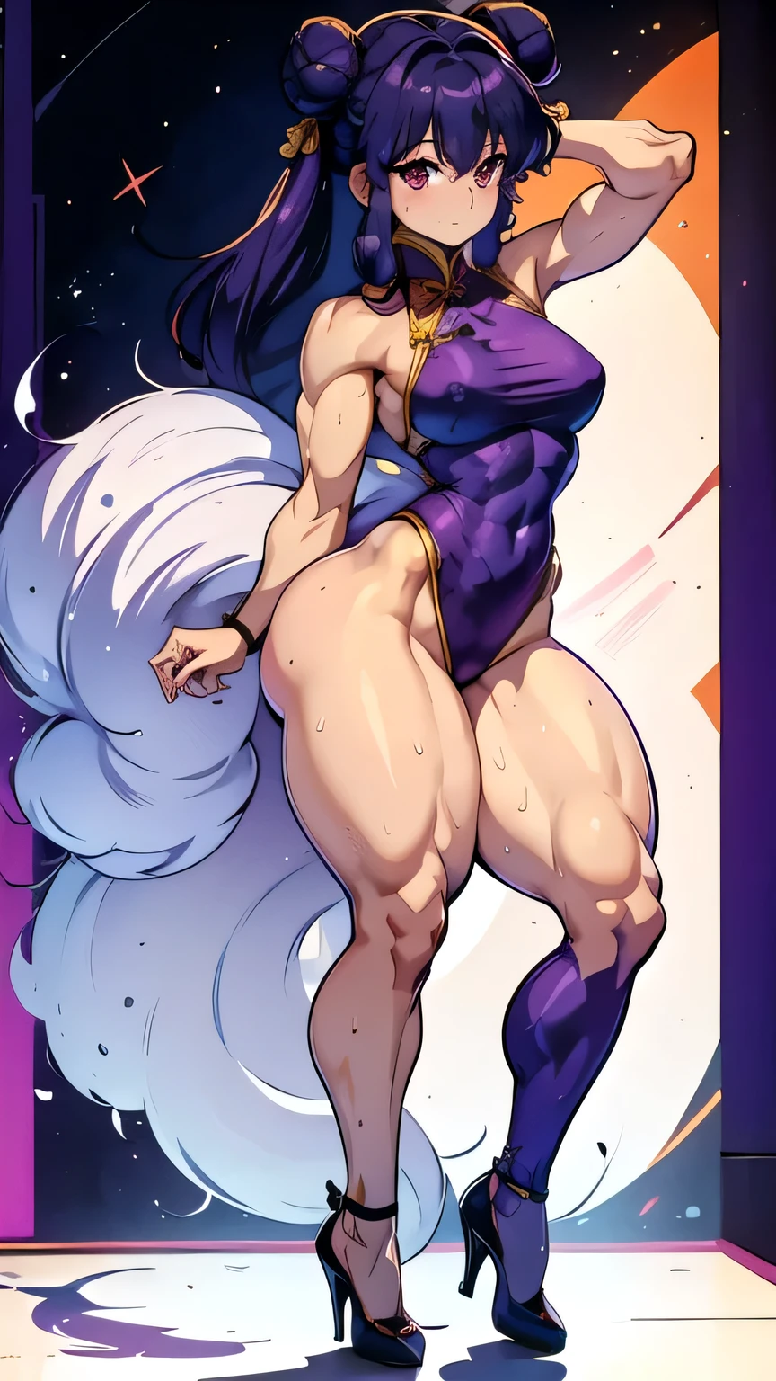 shampoo, Ranma 1/2, , bun head、Purple wide fur, double tail、Chinese traditional dress. blank background. Fitness, muscular, shredded abs, thick thighs, thick calves, sexy legs, thicc thighs, large hips, thin waist, small breasts, high heels, full body, thick legs, long legs. sweaty, sweating, sweat, high detailed, teasing, gesugao, evil smile, sadistic, extremely sexy, full body shot, standing up on both feet