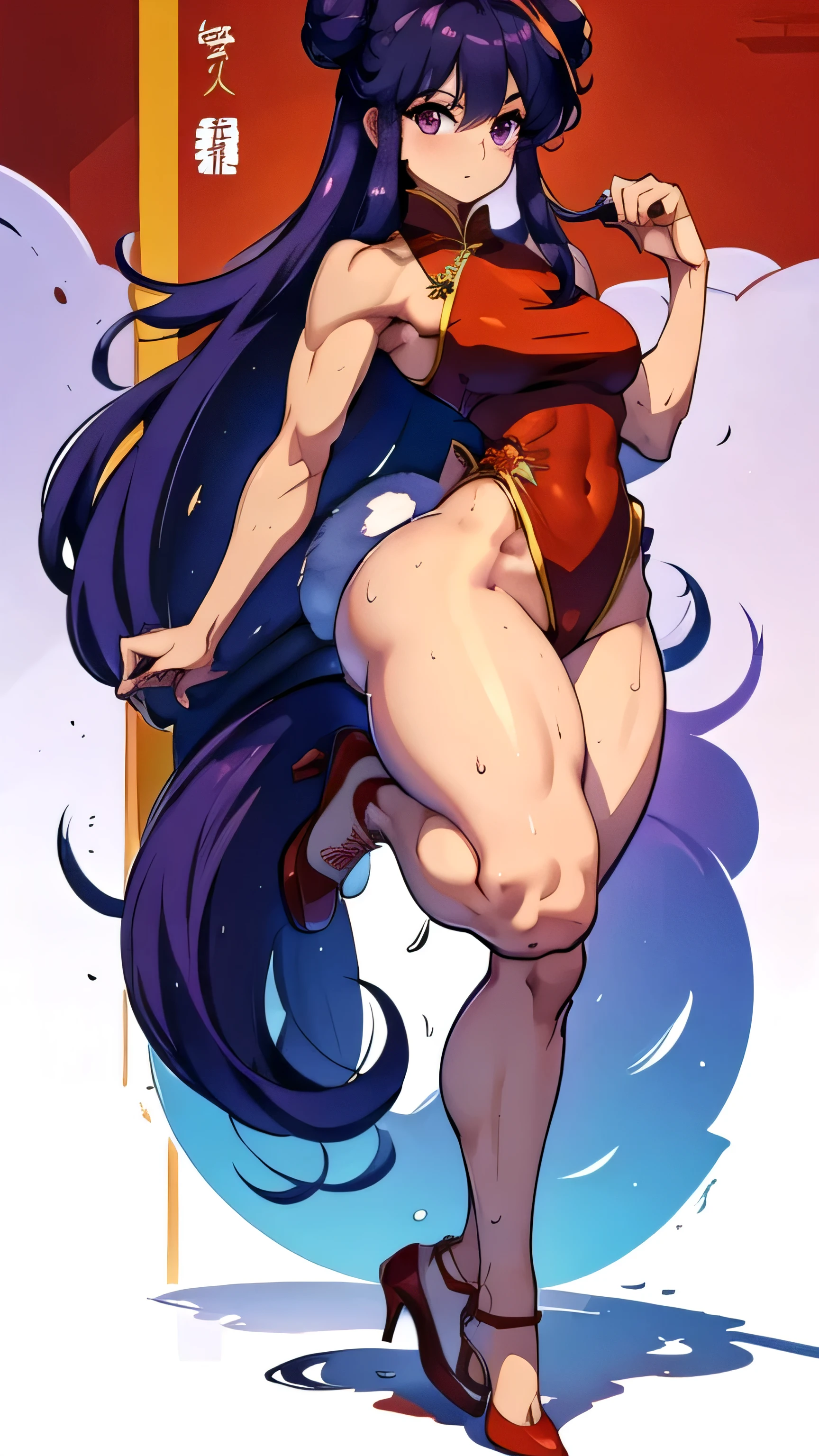shampoo, Ranma 1/2, , bun head、Purple wide fur, double tail、Chinese traditional dress. blank background. Fitness, muscular, shredded abs, thick thighs, thick calves, sexy legs, large hips, thin waist, small breasts, high heels, full body, thick legs long legs. sweaty, sweating, sweat, high detailed, teasing, slim body, sexy, full body shot, standing up on both feet, sweaty, sweating, sweat, traditional chinese red dress, sneakers