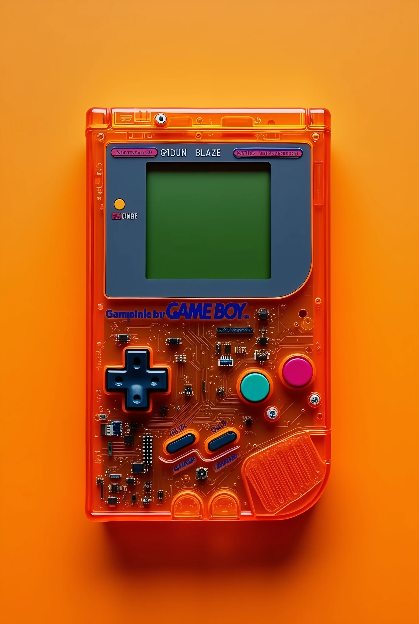 Orange transparent polycarbonate with black circut and colorfull part Nintendo Gameboy Classic, top view