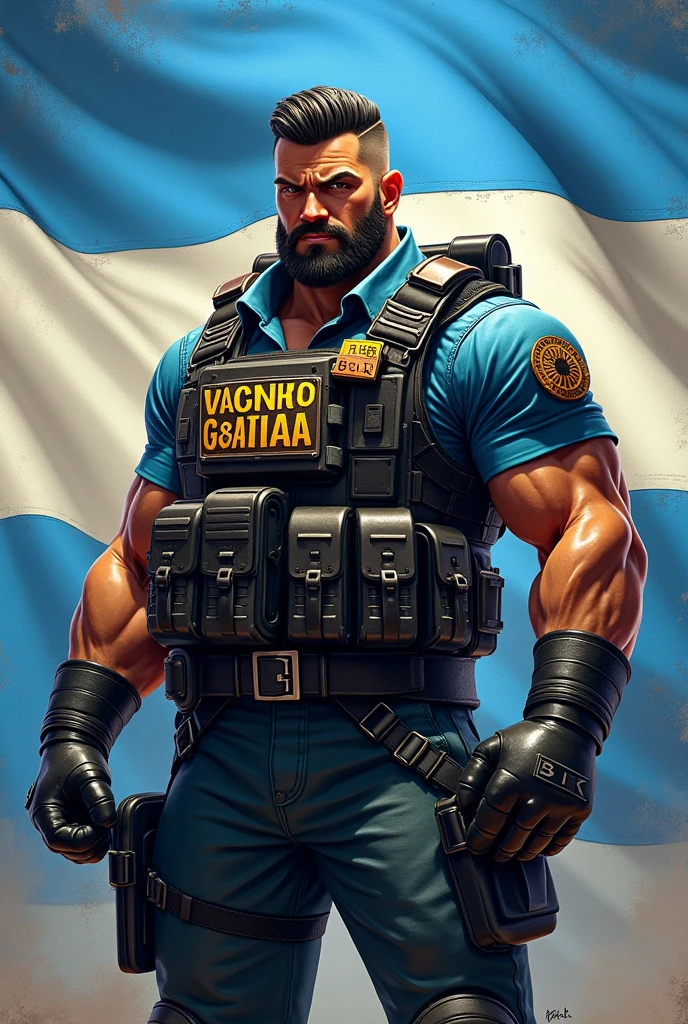 Animated persona dressed in war gear with a tag that reads TripaGorda and a badge on the chest that says BTK. Argentine flag background