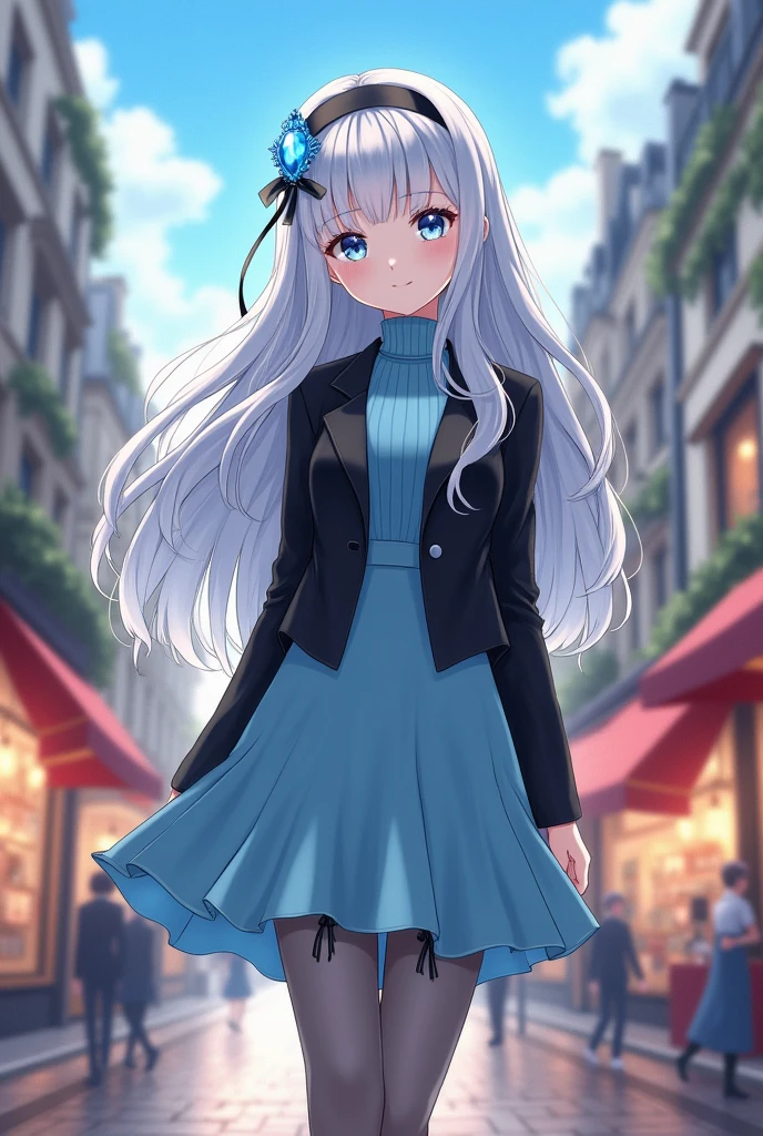 Genevieve is a very beautiful fifteen-year-old girl with snow-white skin, She has long, wavy silver-white hair and soft bangs falling across her forehead from her beautiful face., She wears a black headband with a light blue jewel on the left side., Her eyes are almond-shaped with a light blue color, She has a small nose and light melon pink lips., generally has a cold and neutral expression without any emotion, Her outfit consists of an elegant sky blue turtleneck dress that falls just above the knee and a black blazer., She wears gray tights of a lighter shade and shiny black dress shoes with a small heel and a ribbon.. ((Epic Anime 3D)) ((Miraculous ladybug))