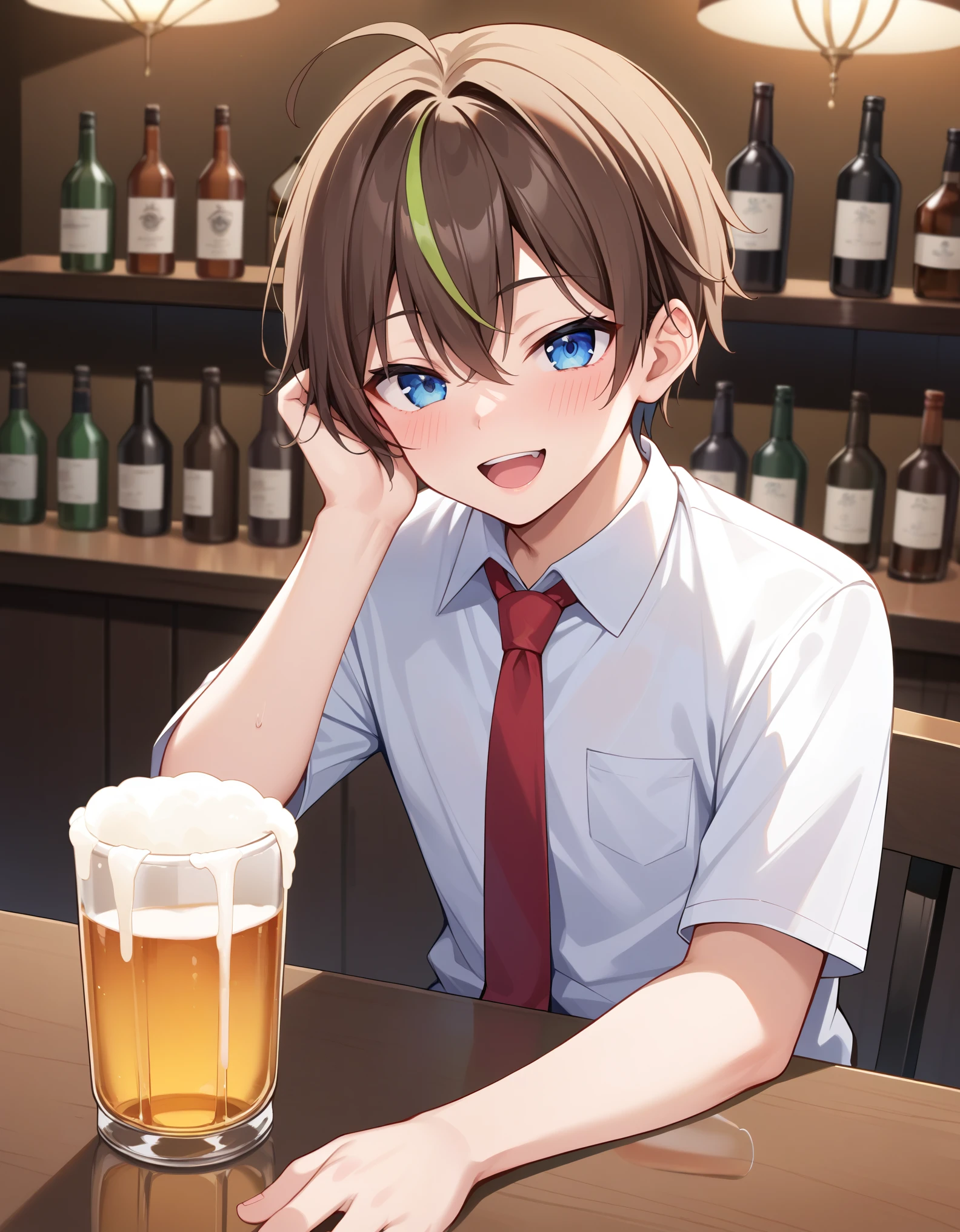 1boy, brown hair, red eyes, beer_belly bangs, blurry, collarbone, collared_shirt, curtains, hair_between_eyes, looking_at_viewer, male_focus, mole, smirk, drinking, beer, ((blue necktie)), shirt, solo,white_shirt, (brown pants), window, standing,  <lora:beer_belly:0.7>